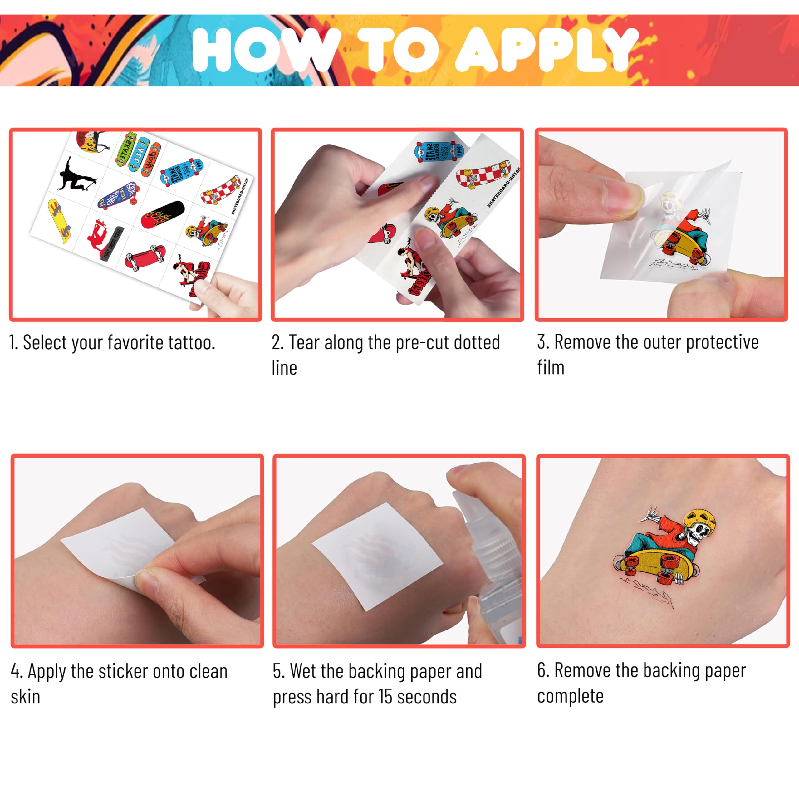 96PCS skateboard tattoos provide skin-safe, easy removal after events.