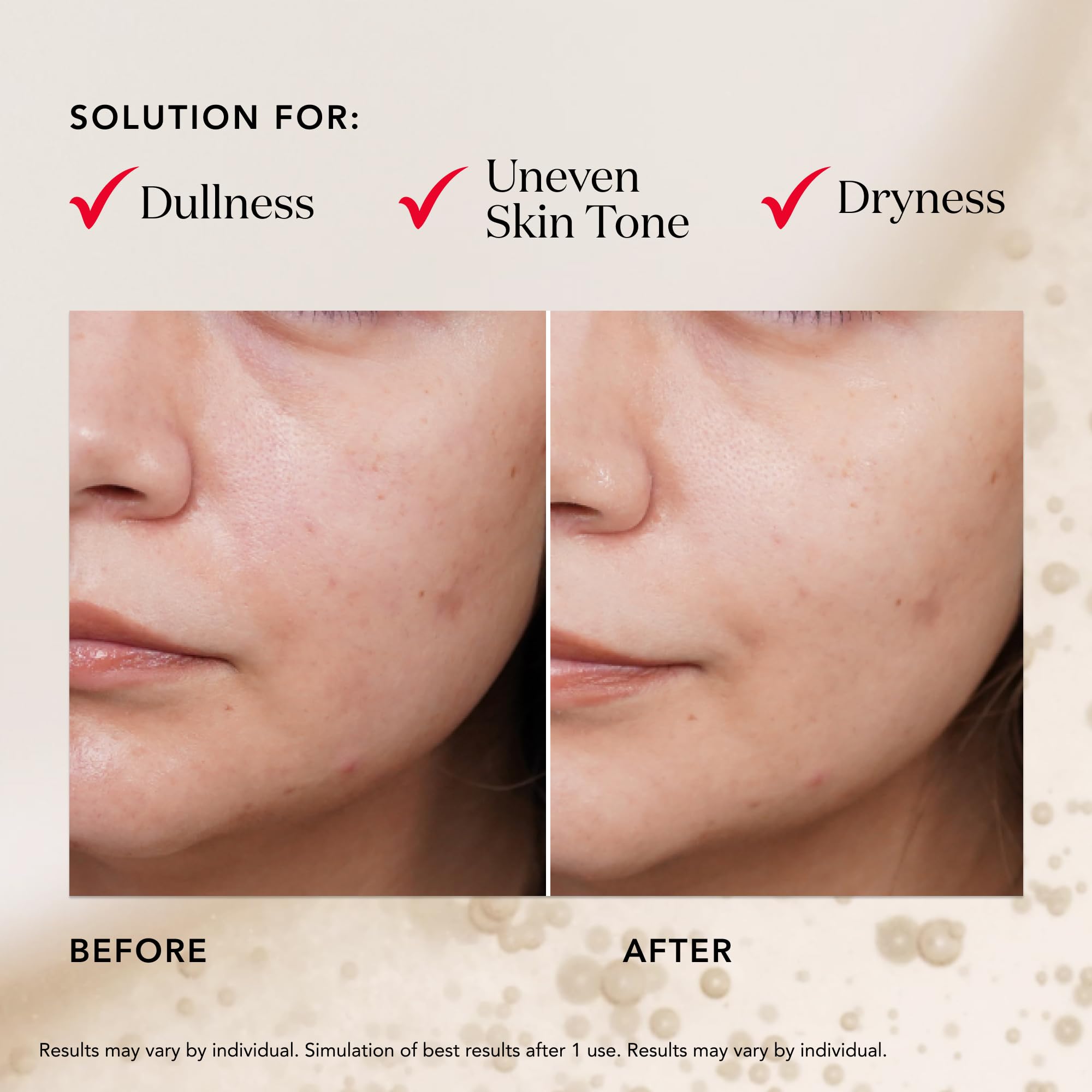 Radiant skin close-up after use with refined texture and glow.