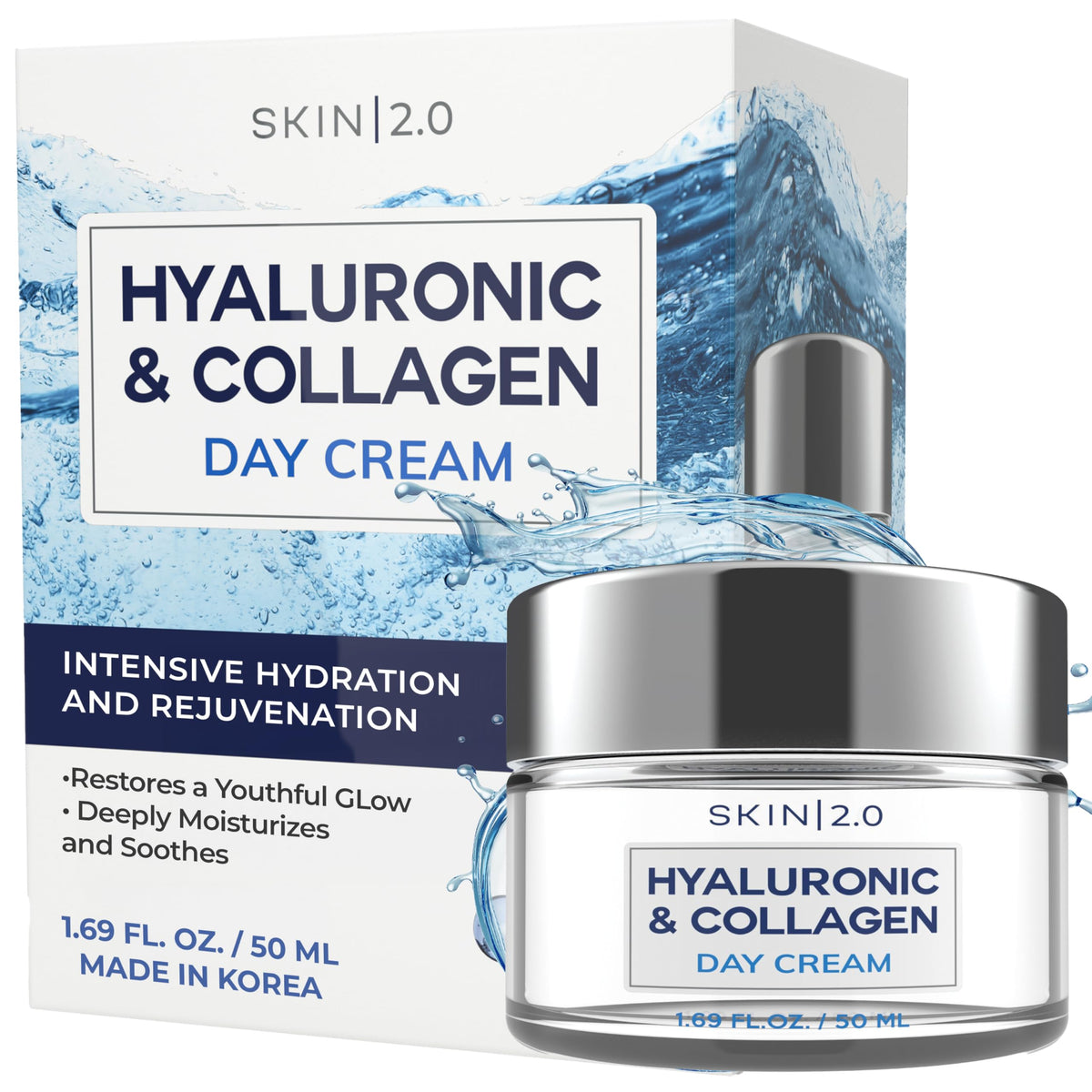 Skin 2.0 hyaluronic-acid-collagen moisturizer bottle showing deep hydration