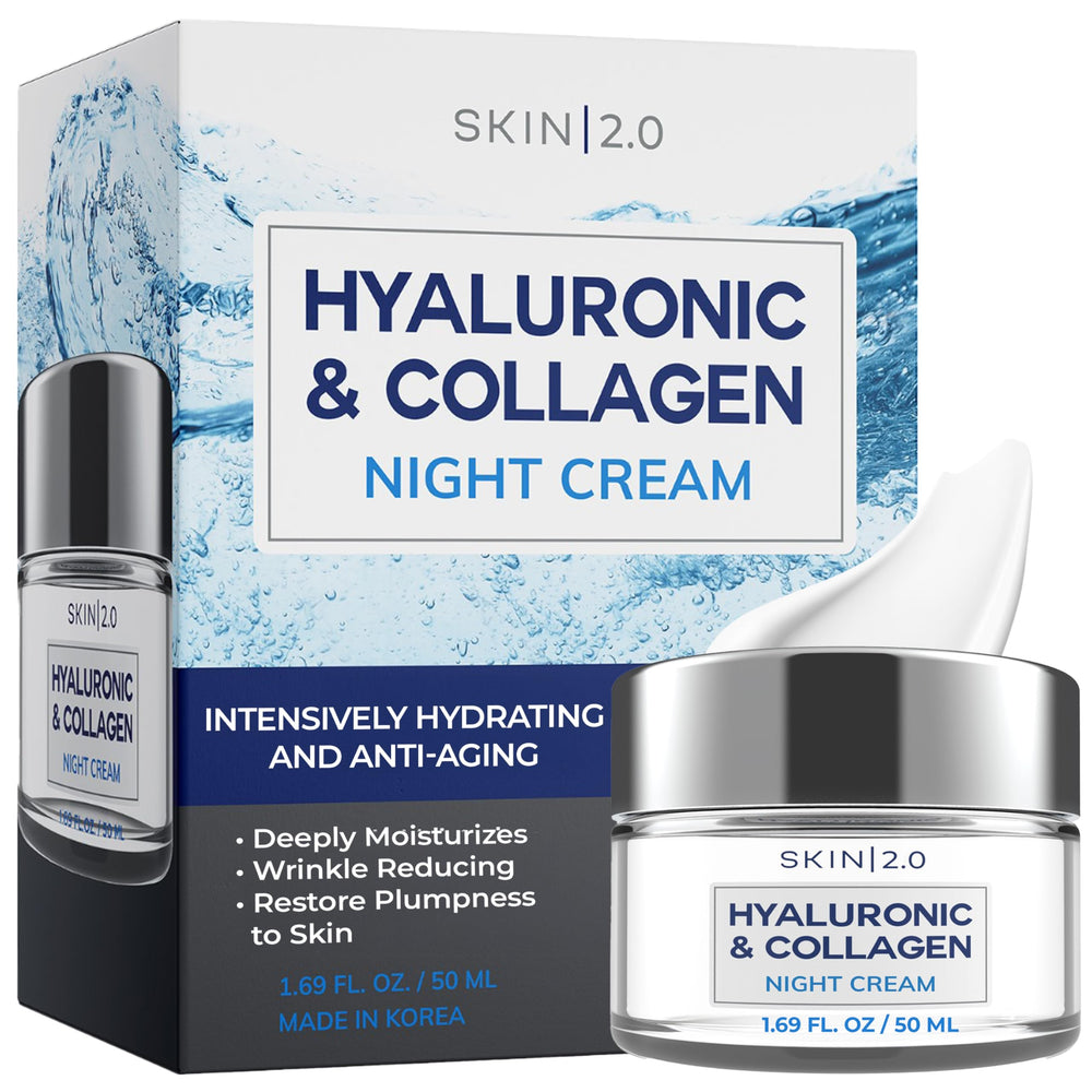 Skin 2.0 Hyaluronic & Collagen night cream jar close-up for deep hydration