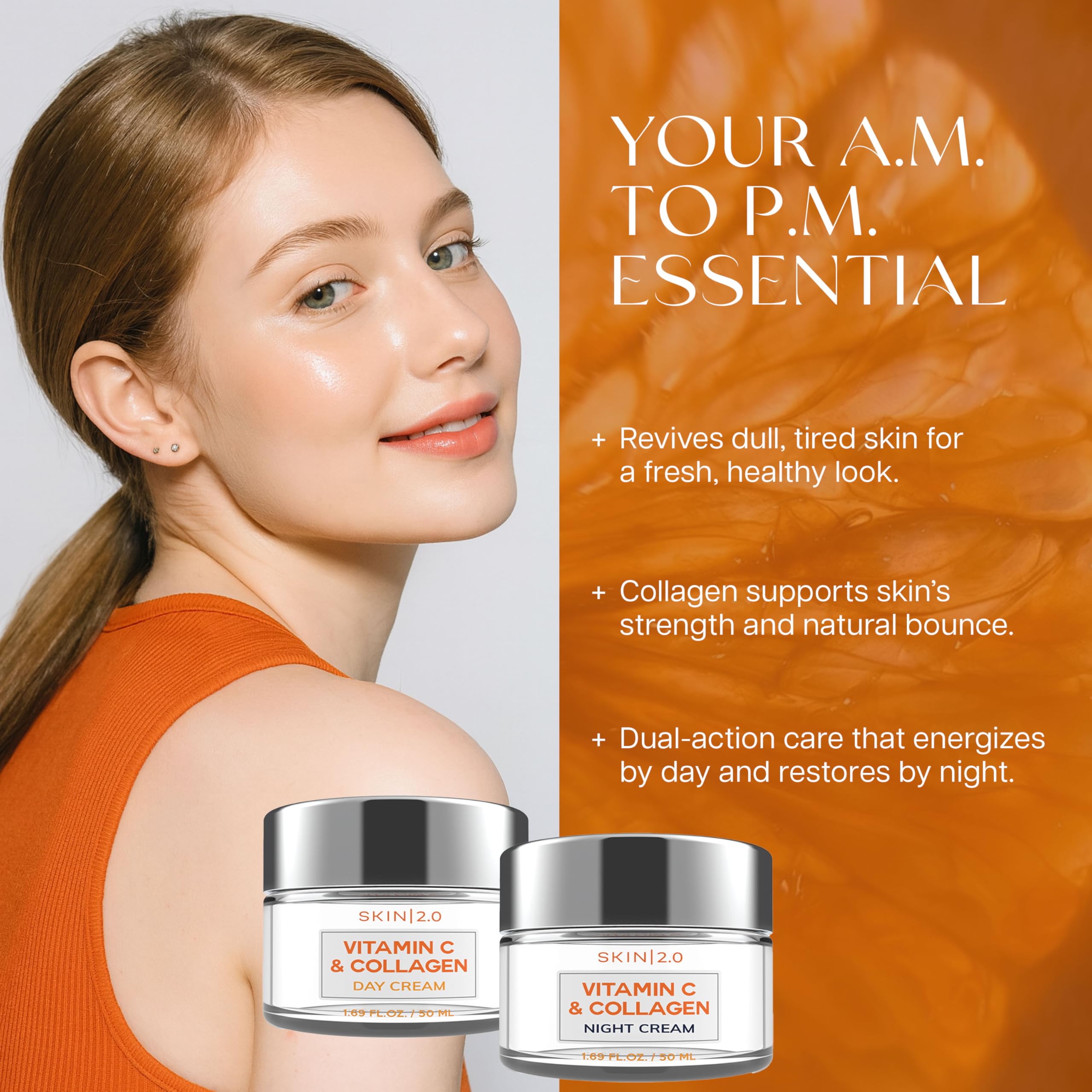Illustration of Vitamin C, vegan collagen, and hyaluronic acid in Skin 2.0 formula