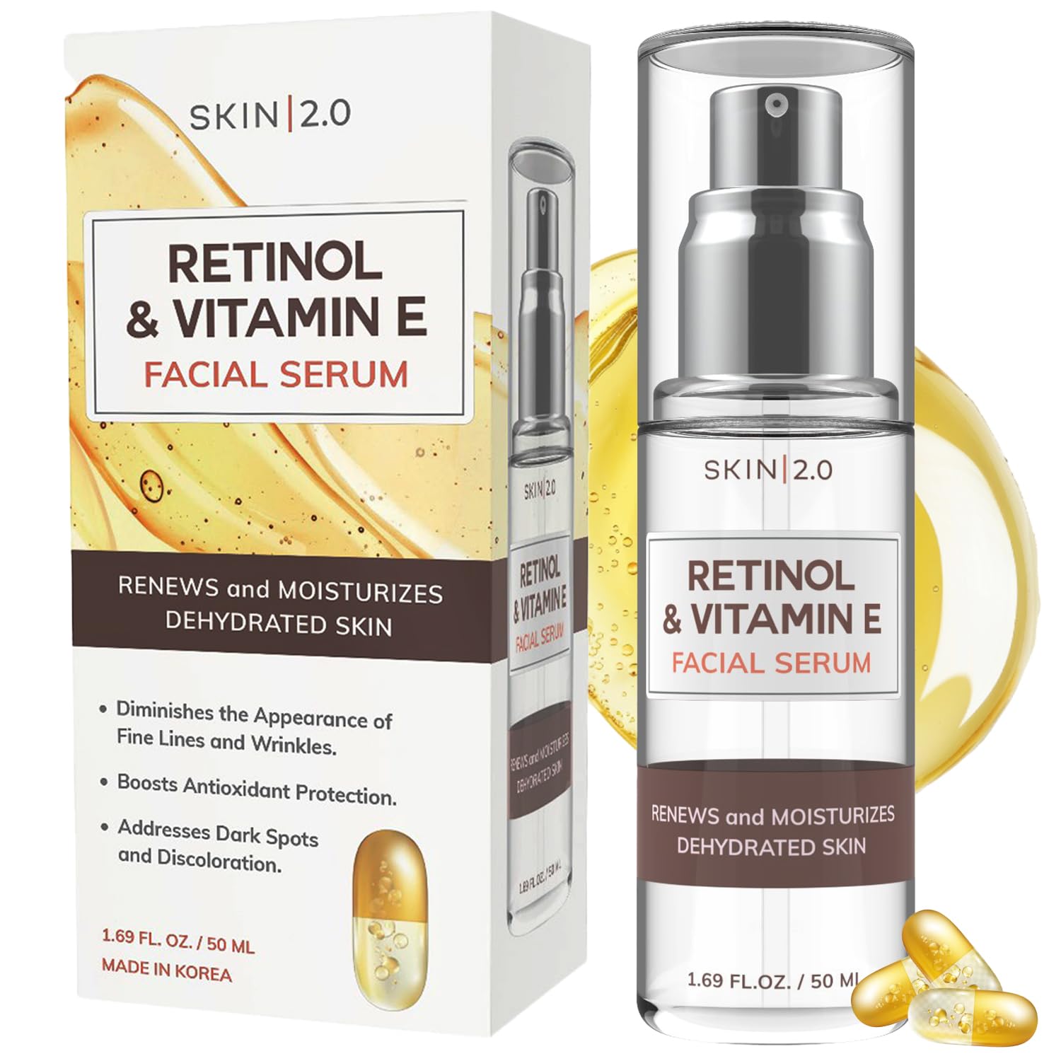 Skin 2.0 Retinol & Vitamin E serum bottle closeup showing premium packaging and hydration benefits.