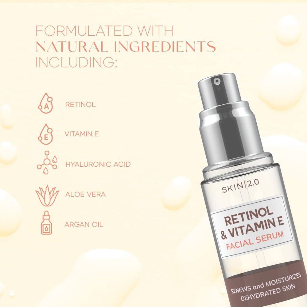 Skin 2.0 serum ingredients retinol and vitamin E, formulated for nourishment.