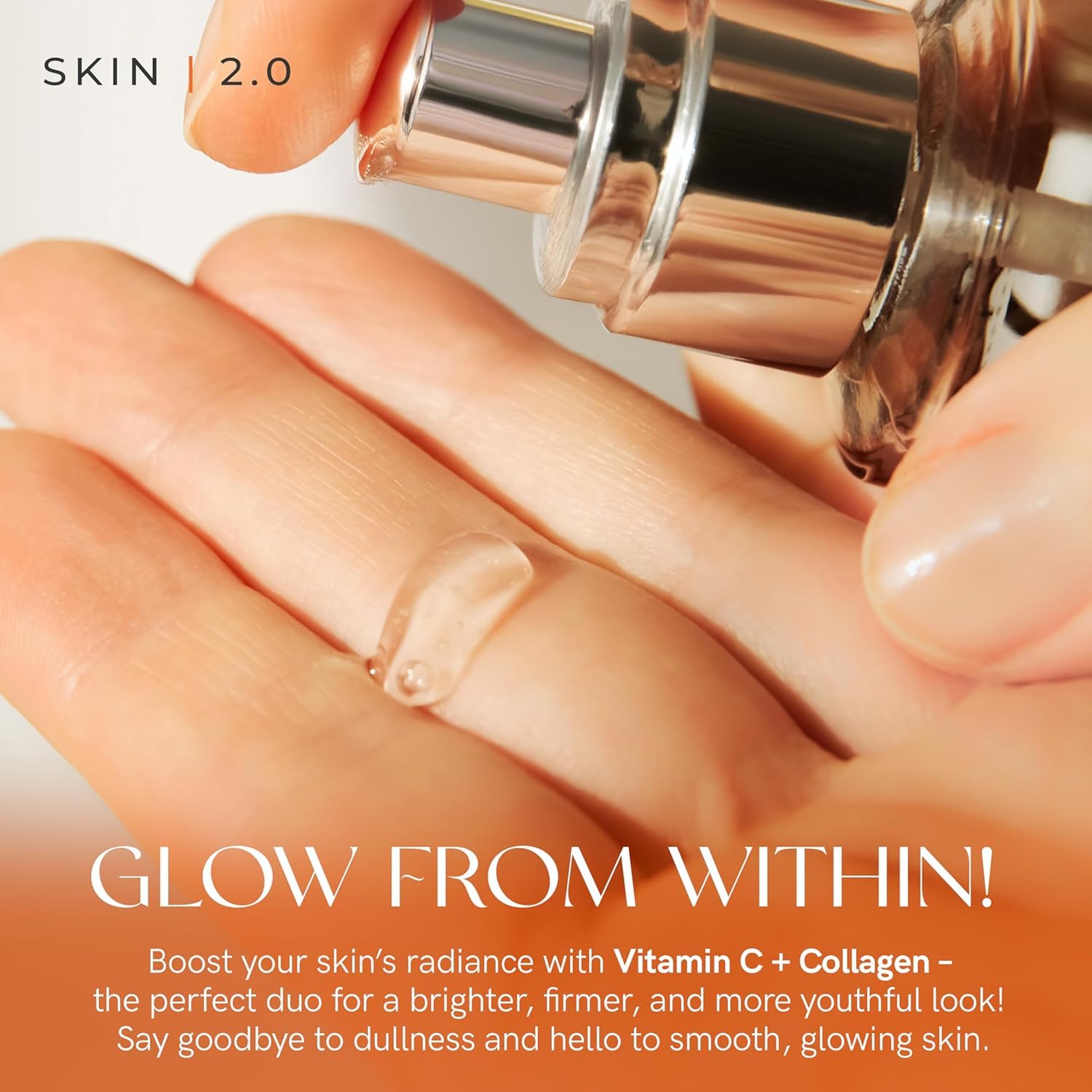 Skin 2.0 Vitamin C Serum application scene demonstrates quick absorption.
