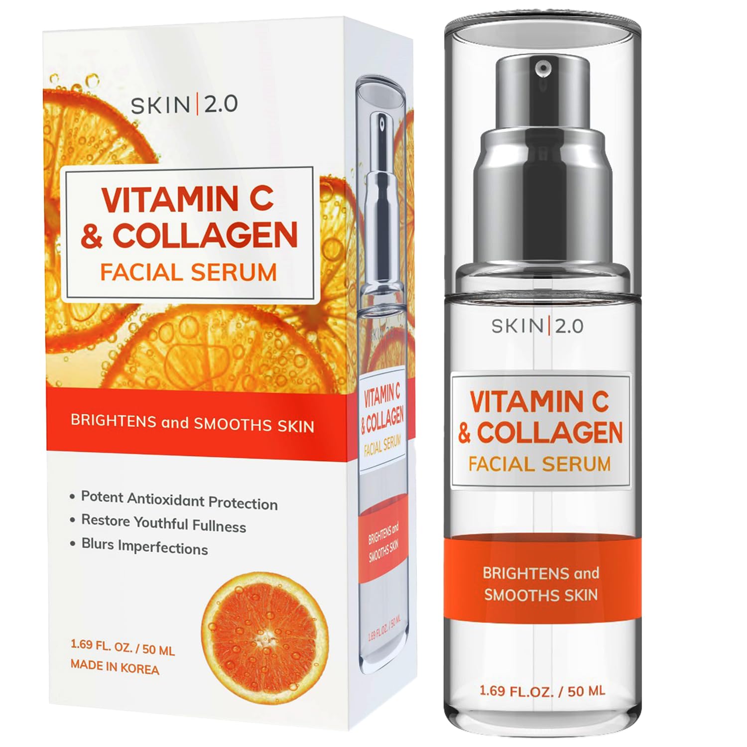 Skin 2.0 Vitamin C Serum bottle front showing brightening formula for all skin types.
