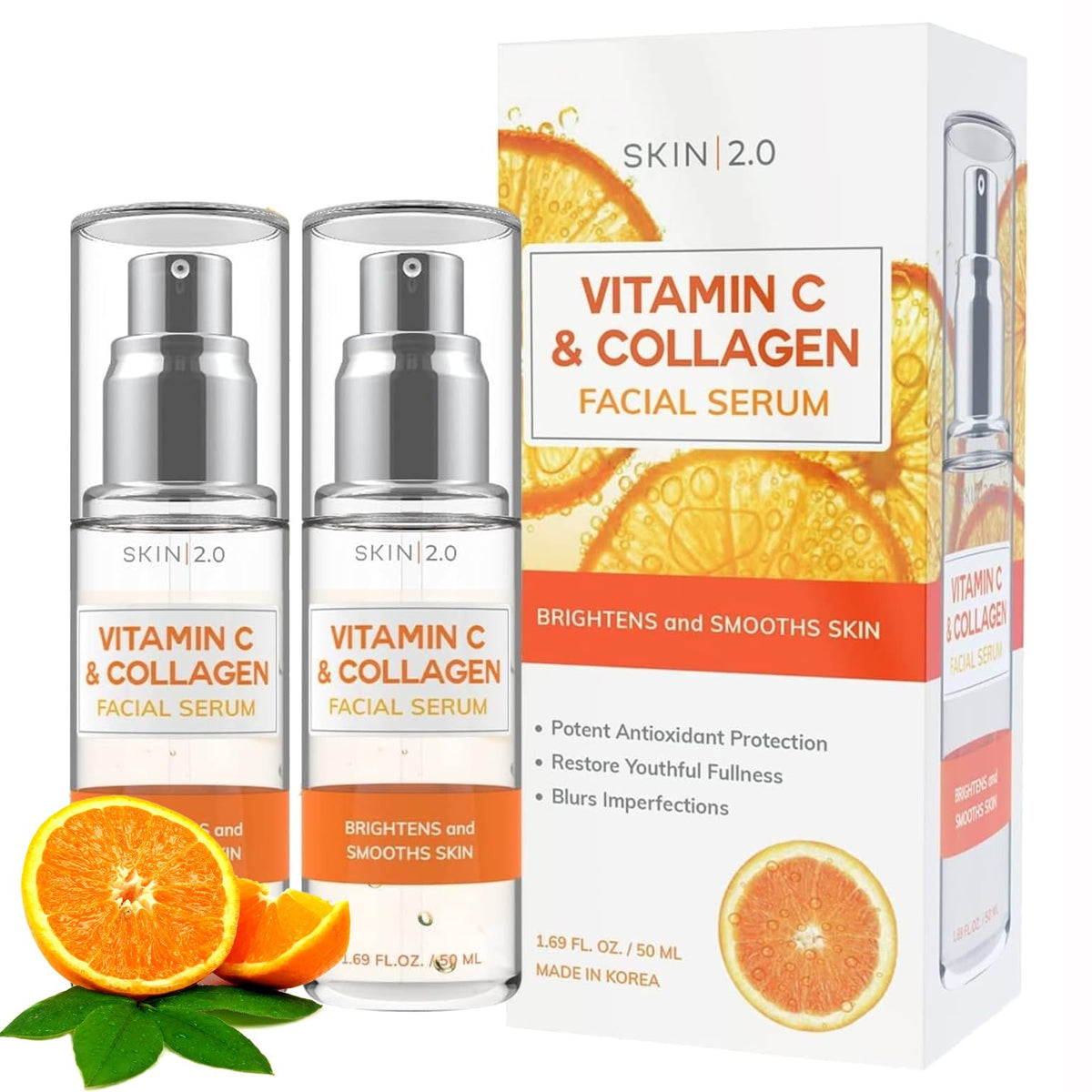 Skin 2.0 Vitamin C Serum bottle front highlights hydration and glow.