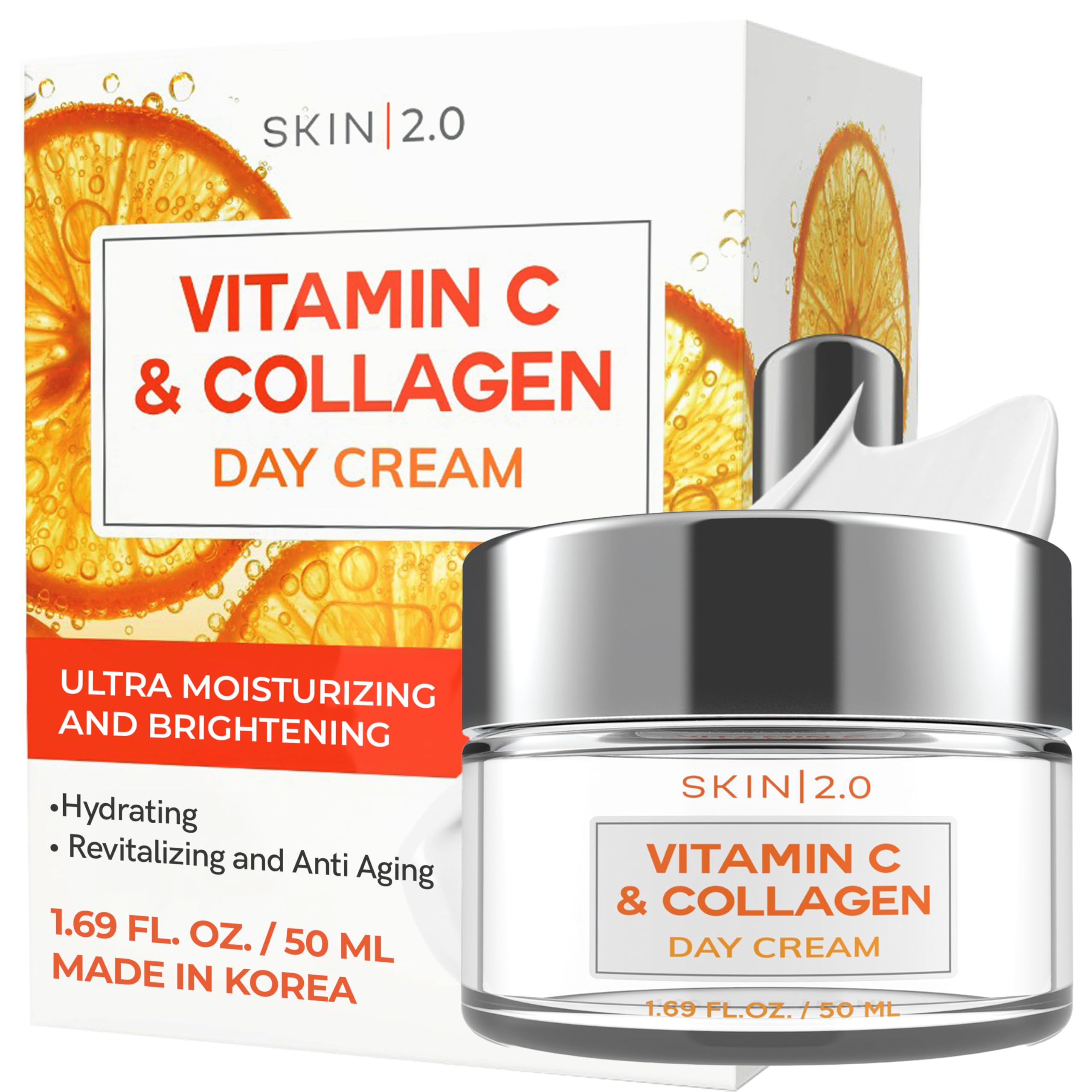 Skin 2.0 Vitamin C & Collagen moisturizer jar close-up for brightening benefits.