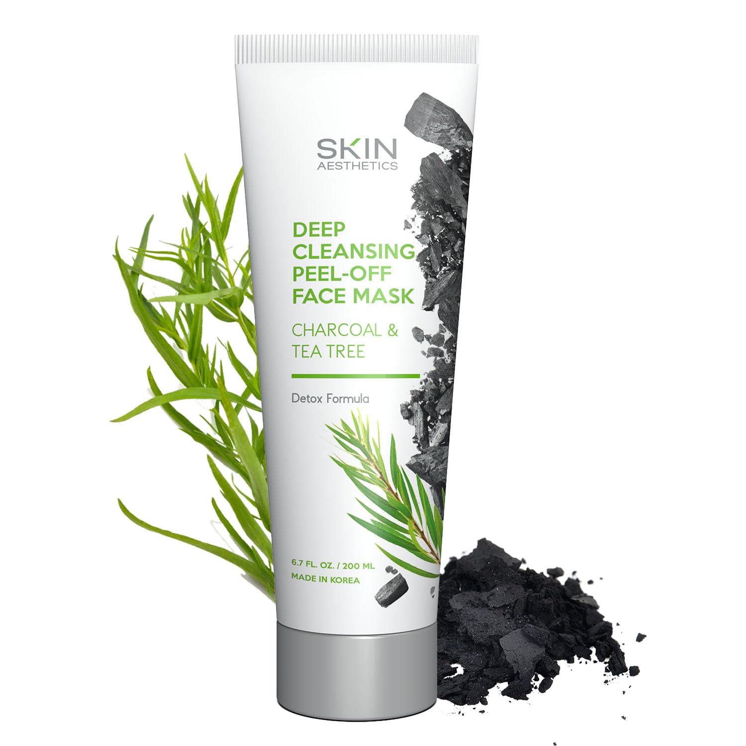 Skin Aesthetics Charcoal Tea Tree Peel-Off Mask bottle shows deep cleansing potential for clear pores.
