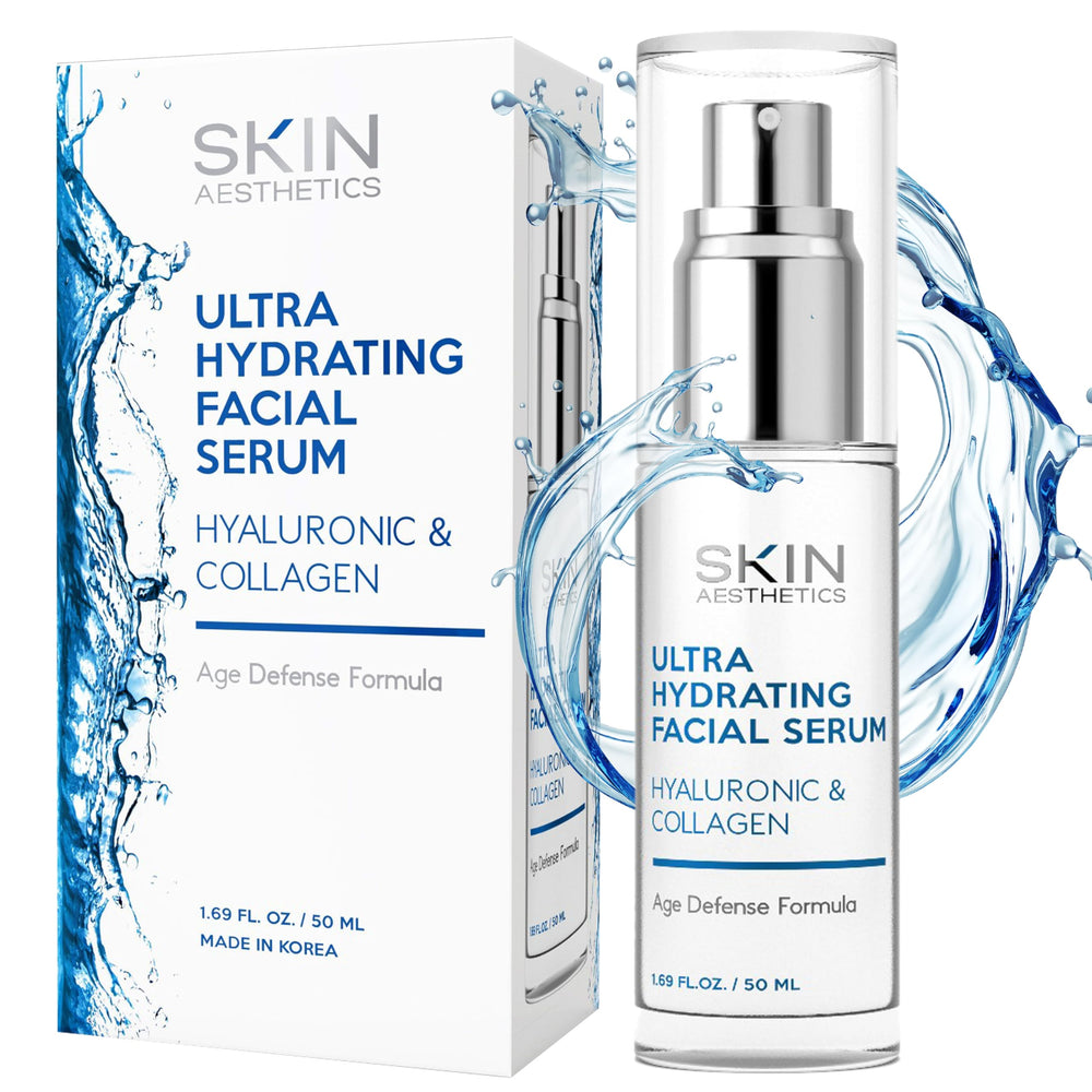 Skin Aesthetics Hyaluronic Serum bottle showing hydration focus for a dewy look