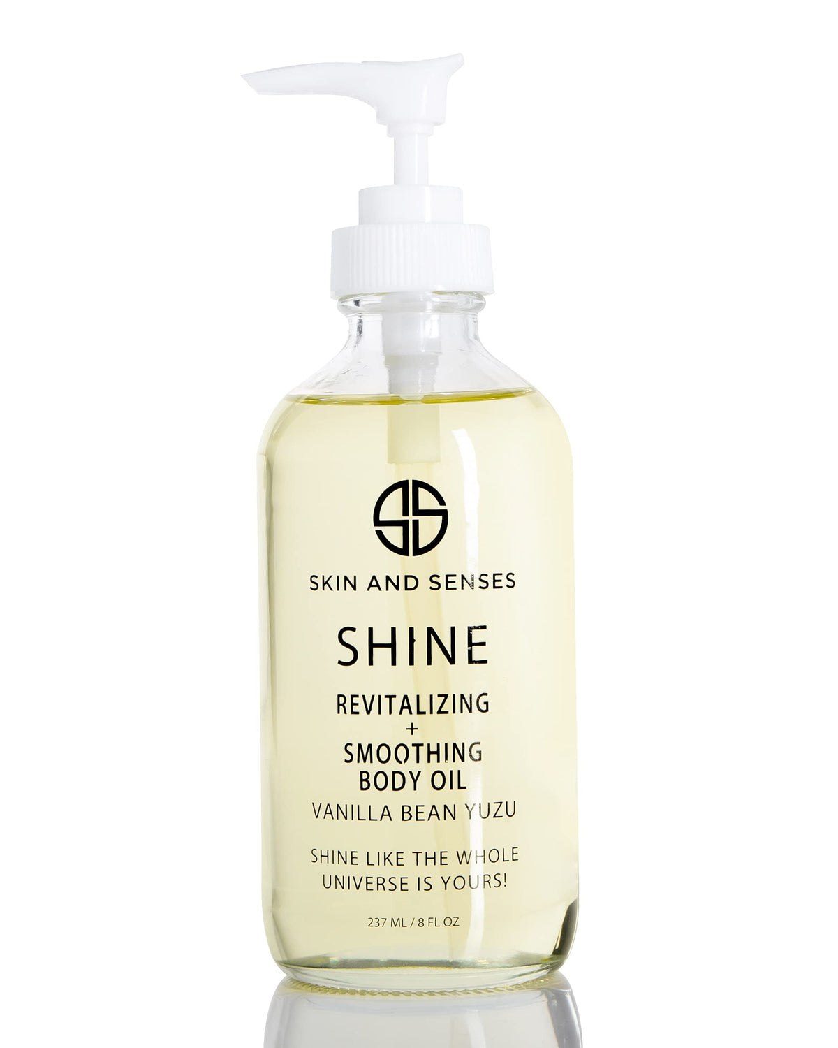 Skin And Senses Shine oil bottle with vanilla bean scent for hydrated skin