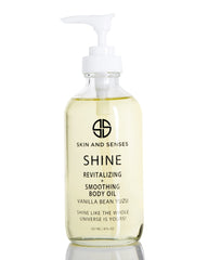 Skin And Senses Shine oil bottle with vanilla bean scent for hydrated skin