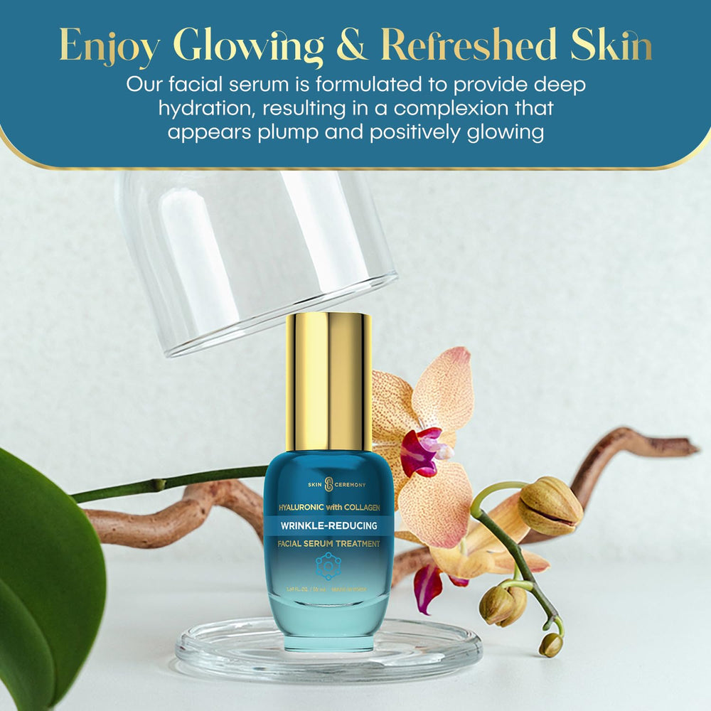Skin Ceremony Hyaluronic acid drop close-up highlights moisture and smooth application.