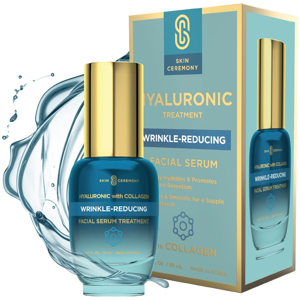 Skin Ceremony serum bottle on vanity showcases premium packaging for daily hydration.