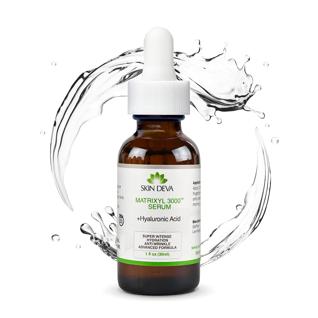 SKIN DEVA Matrixyl 3000 serum bottle closeup highlighting premium peptide formula for anti-aging