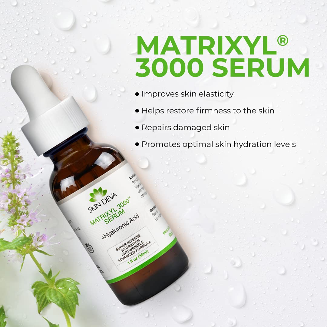 SKIN DEVA Matrixyl 3000 serum application on skin demonstrating hydration from hyaluronic acid