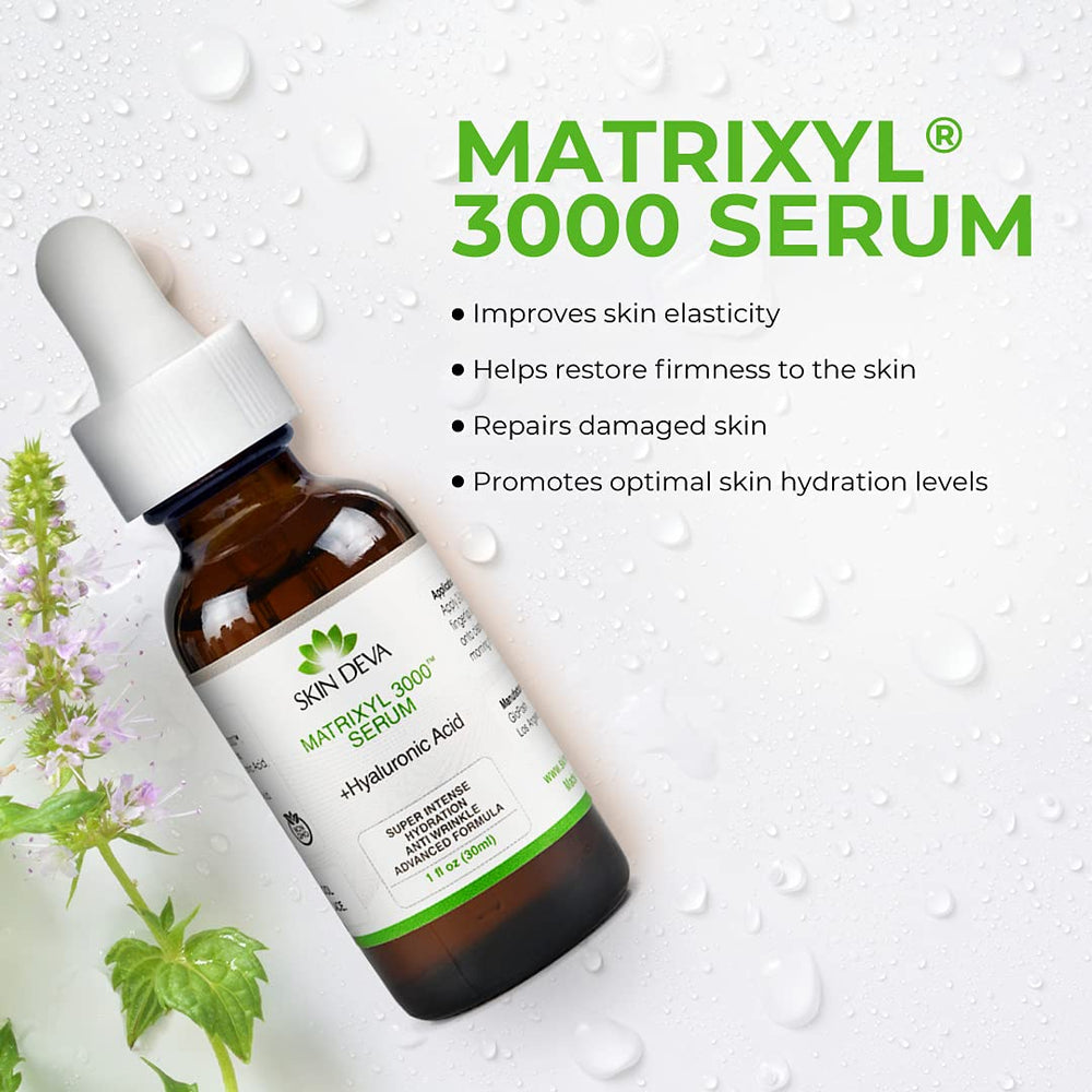 SKIN DEVA Matrixyl 3000 serum application on skin demonstrating hydration from hyaluronic acid