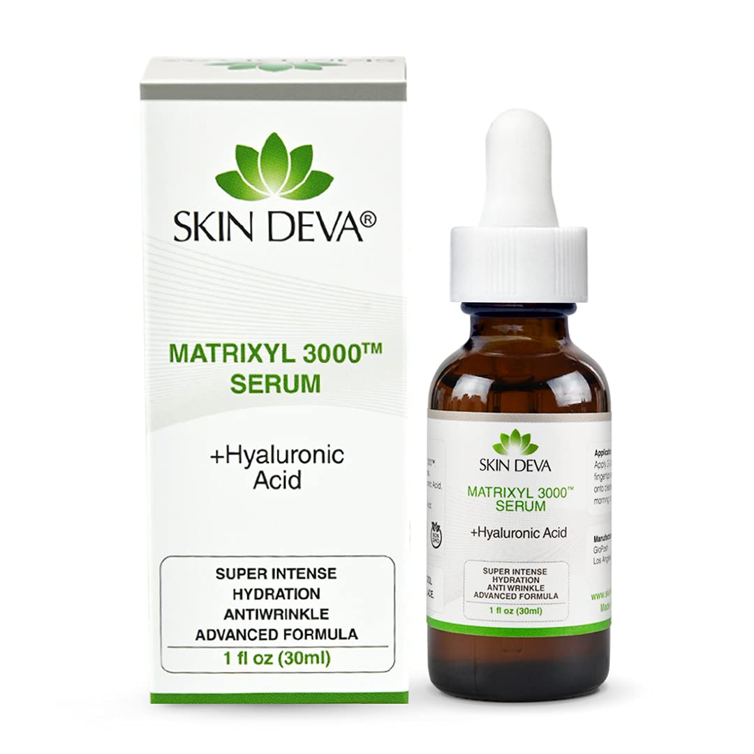 SKIN DEVA Matrixyl 3000 serum bottle in night routine setup for nightly hydration