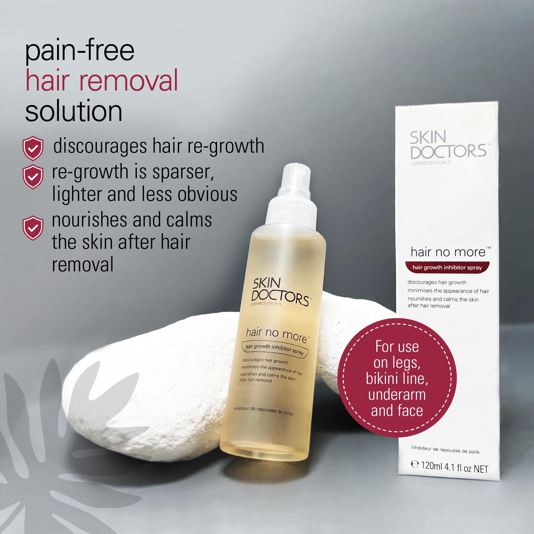 Applying Skin Doctors Hair No More to the skin helps deter hair growth.