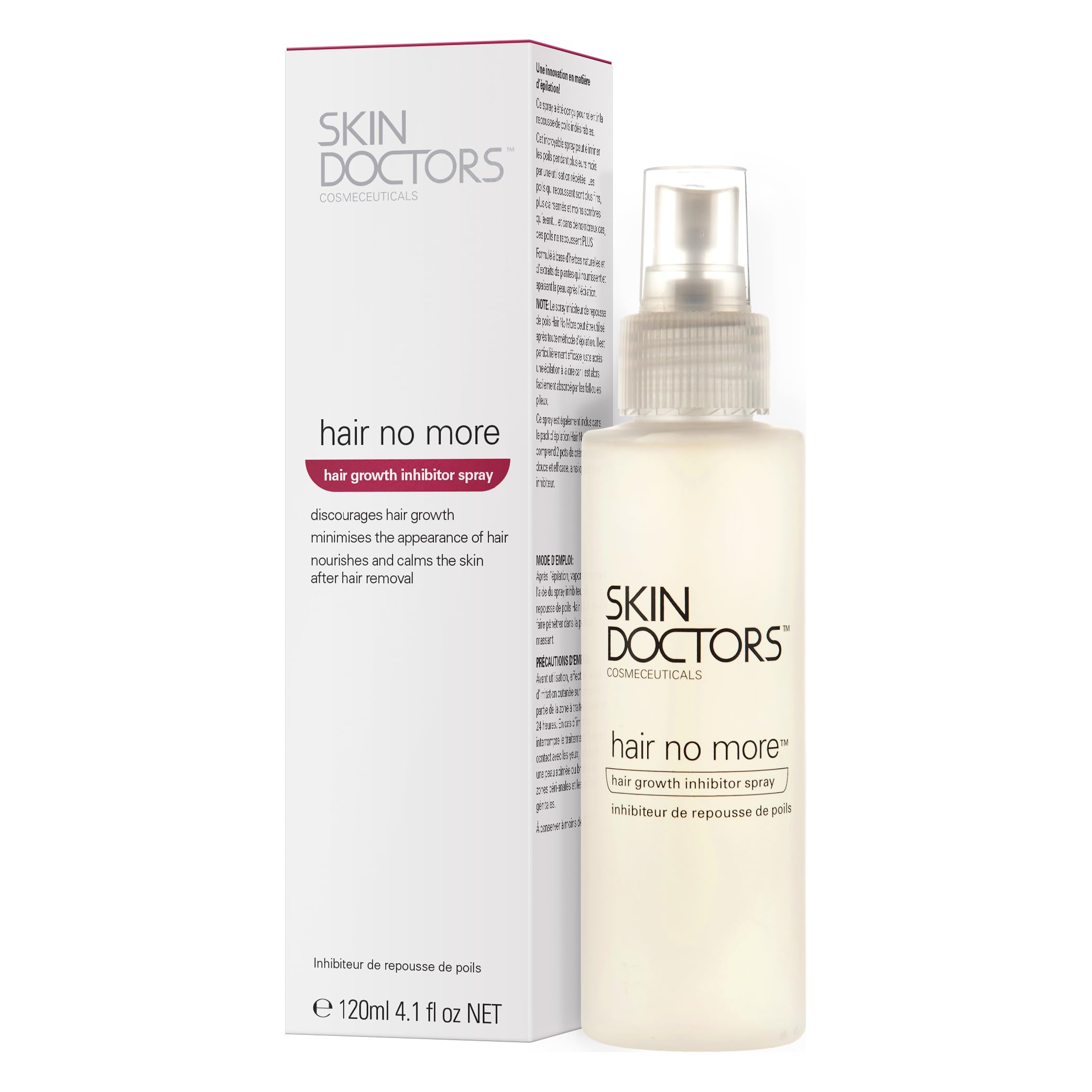 Skin Doctors Hair No More spray bottle ready for application to skin.