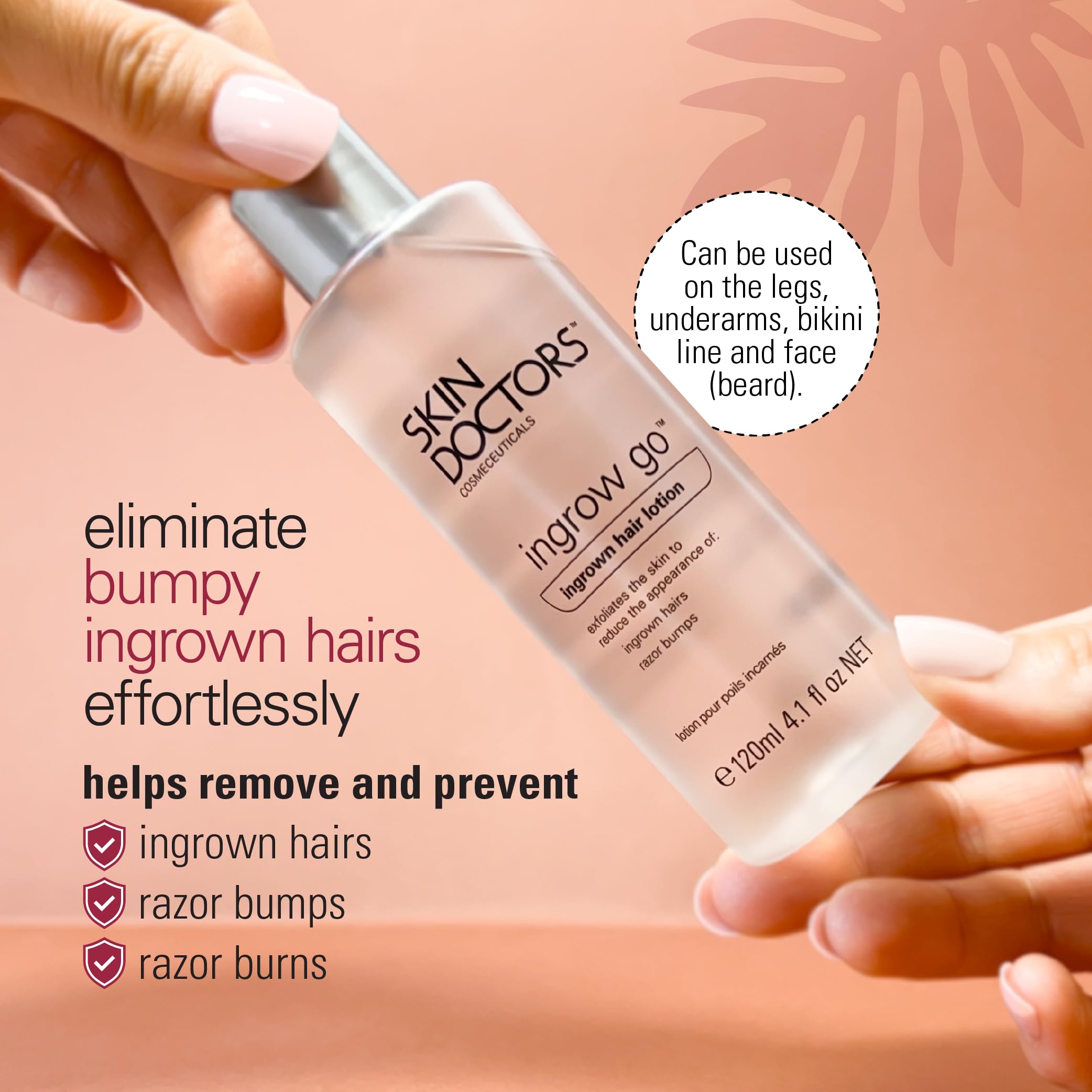 Skin Doctors Ingrow Go Lotion pump close-up shows pore-cleansing action