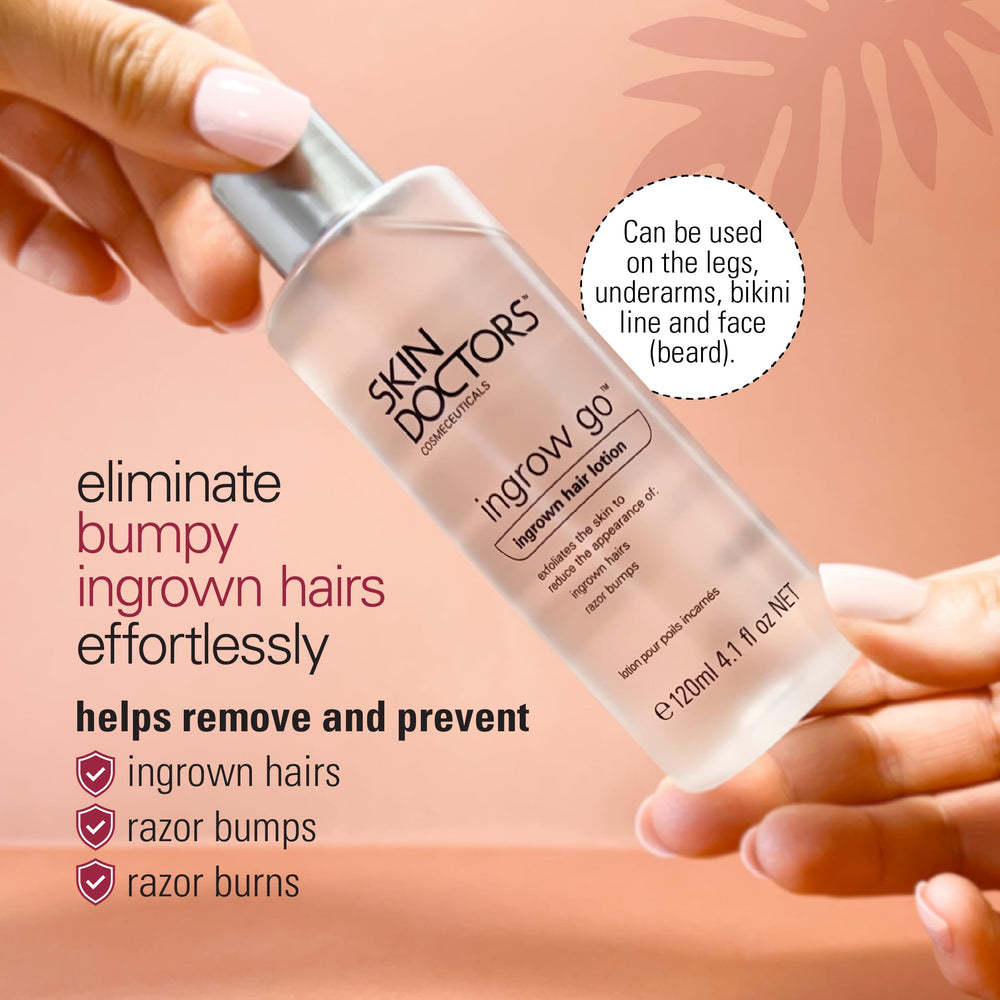 Skin Doctors Ingrow Go Lotion pump close-up shows pore-cleansing action