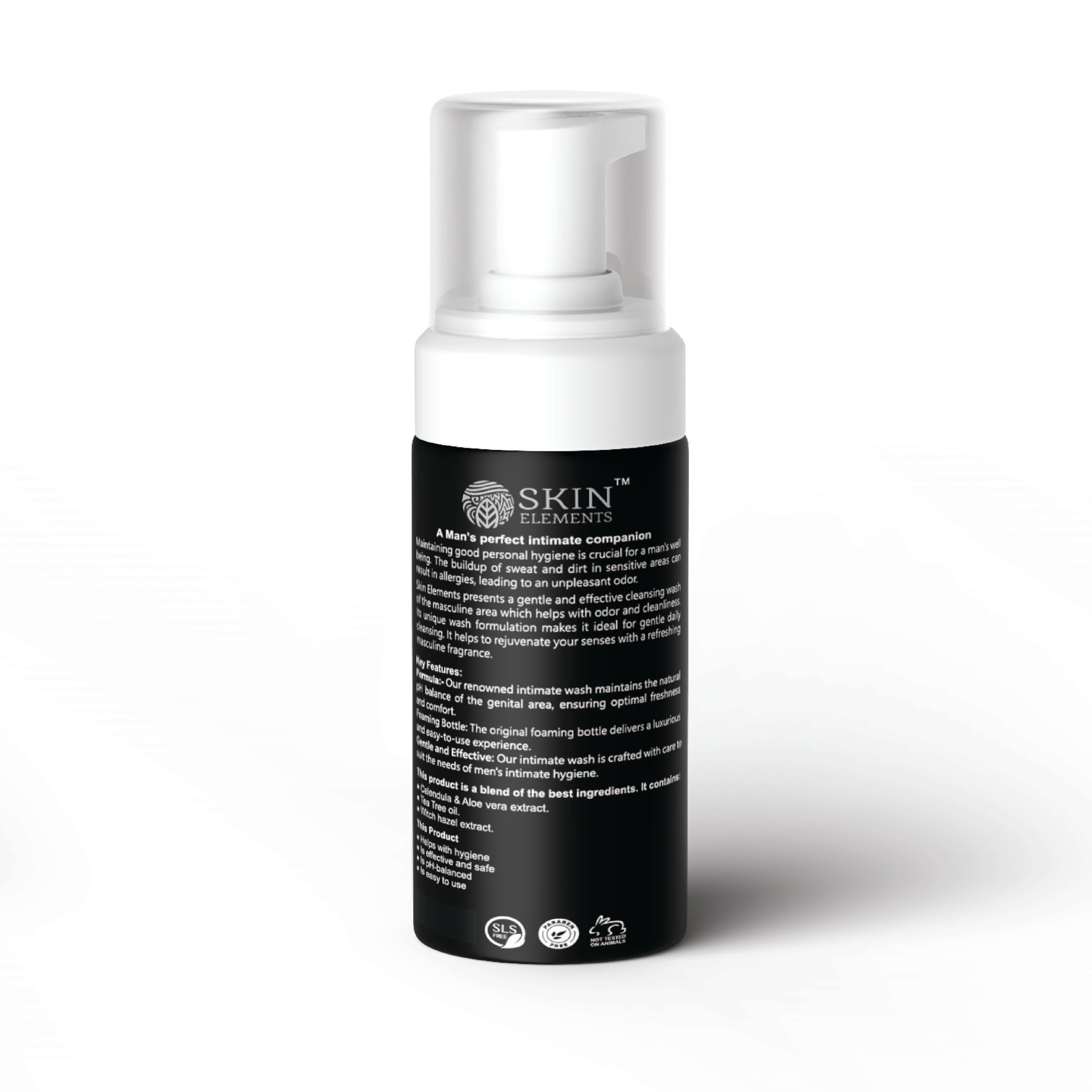 Skin Elements Intimate Wash bottle with pump enabling easy application in shower.