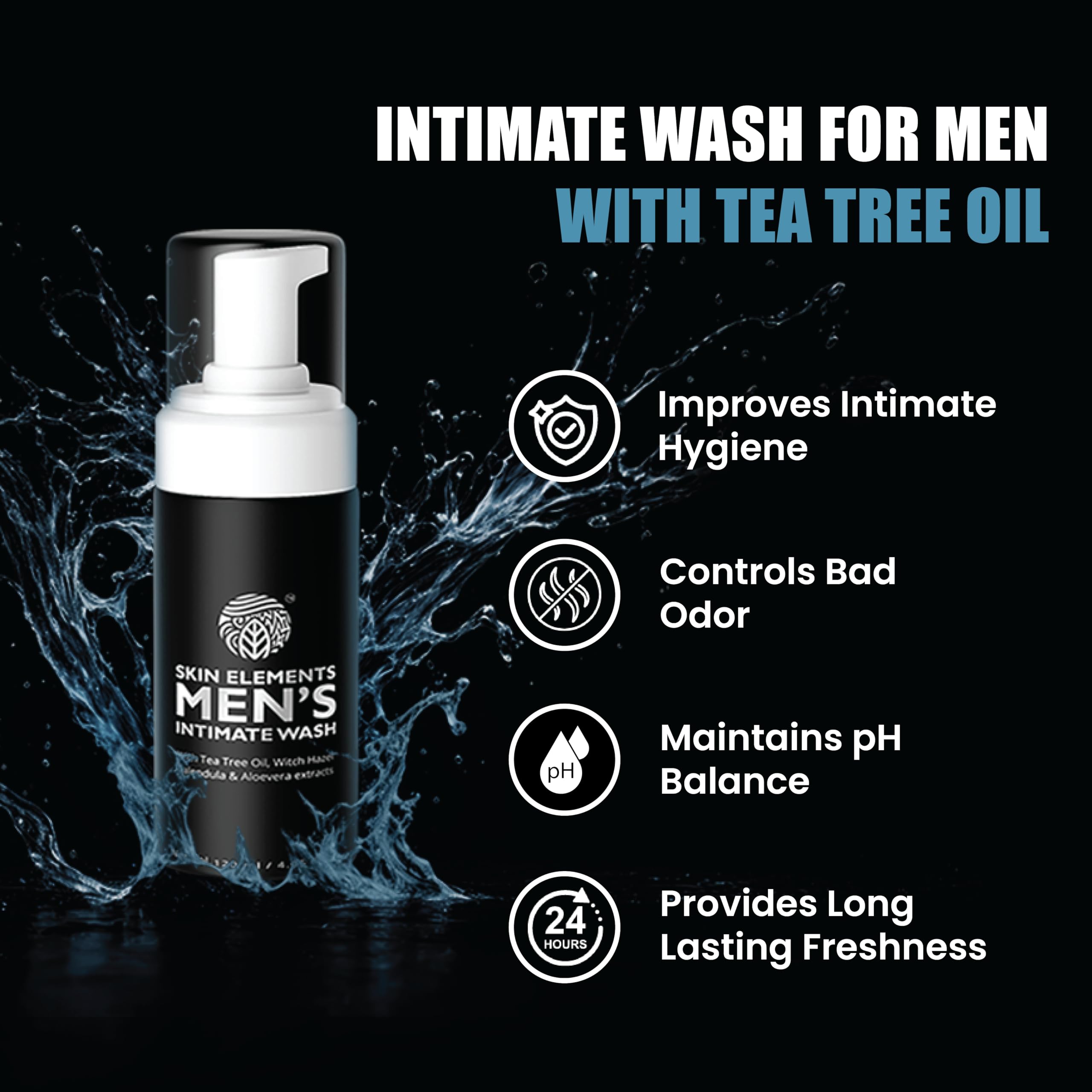 Skin Elements Tea tree oil ingredient suggesting natural odor control with refreshing, cooling feel.