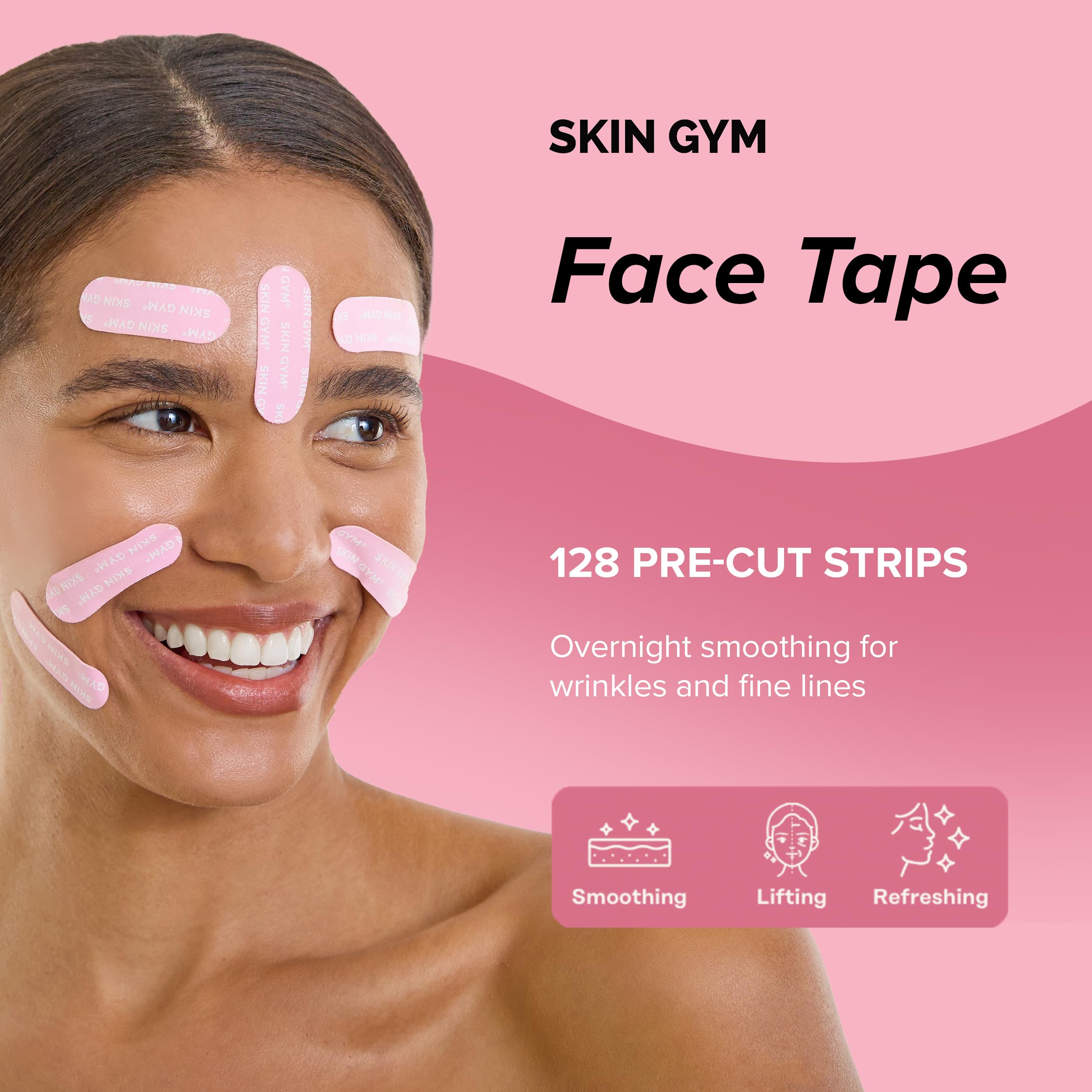 Skin Gym Face Tape eye-area strip targets fine lines for a brighter awake appearance.