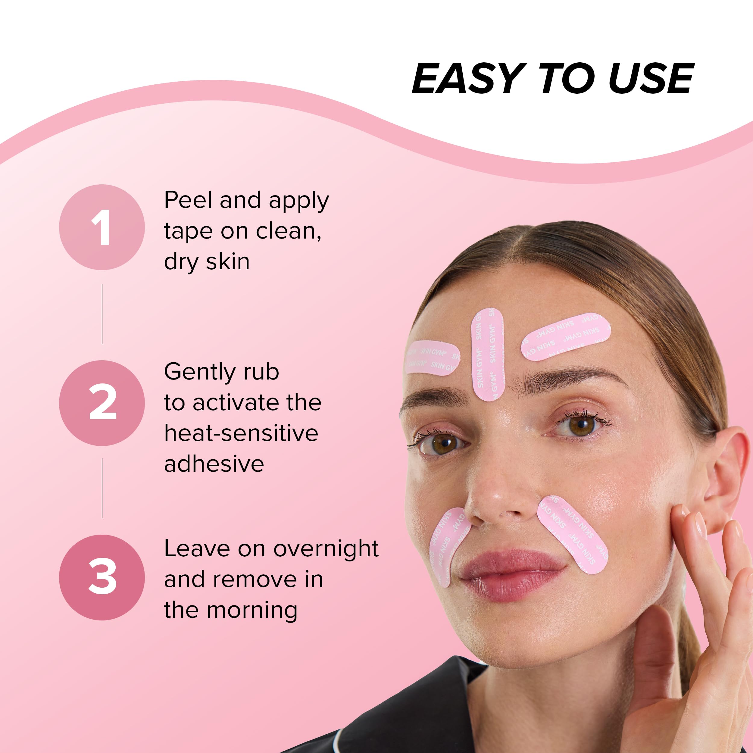 Skin Gym Face Tape overnight-application for a gentle lift with secure adhesion.