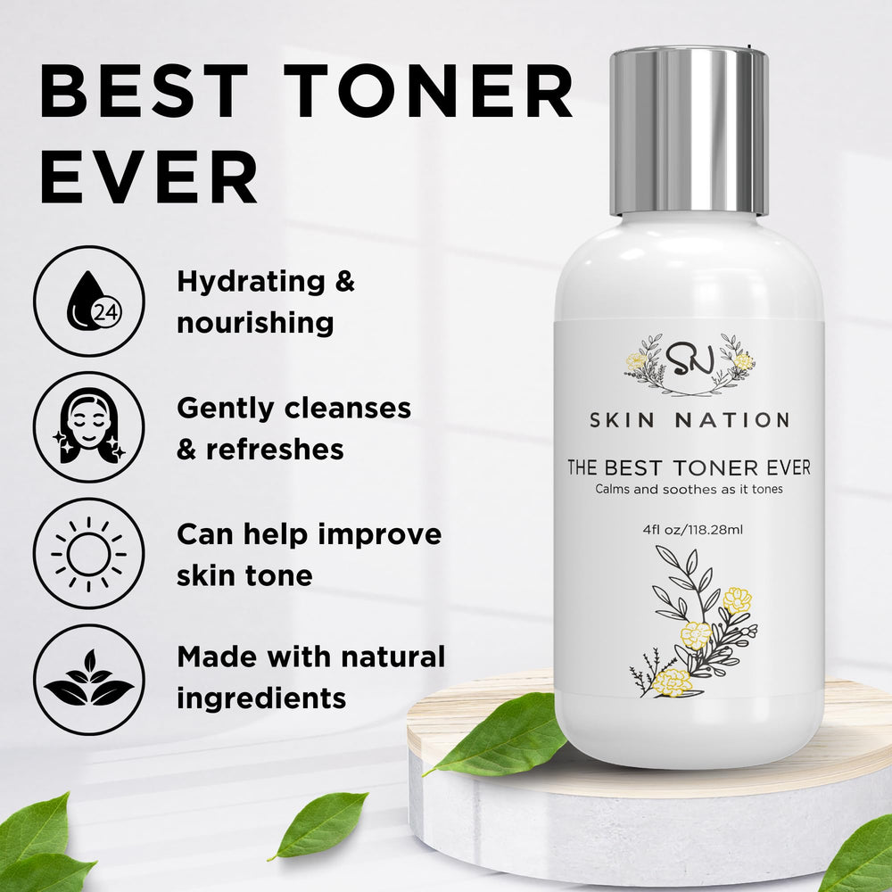 Skin Nation Hydrating Rosewater Toner applied with cotton pad to soothe sensitive skin