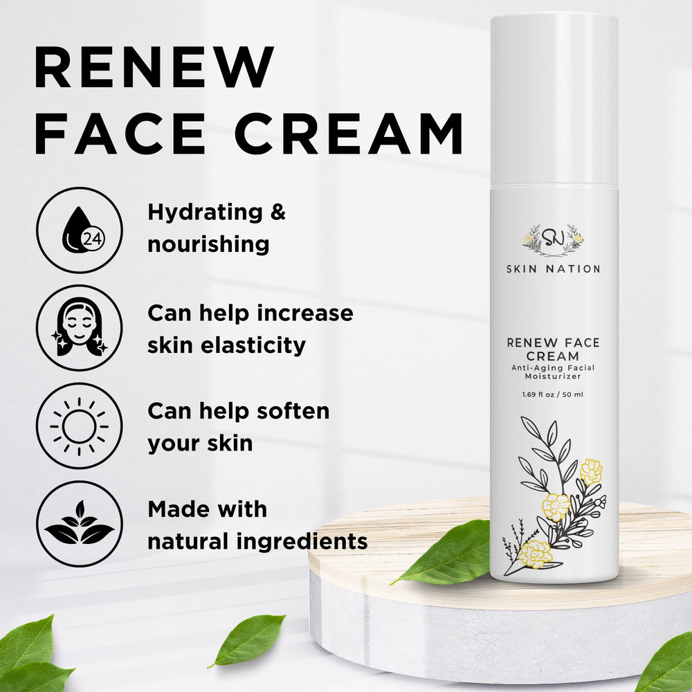 Texture closeup of Skin Nation Renew Face Cream highlights a light, fast-absorbing formula