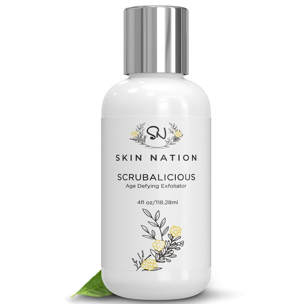 Skin Nation Scrubalicious exfoliator bottle close-up showing label for a refreshing cleanse
