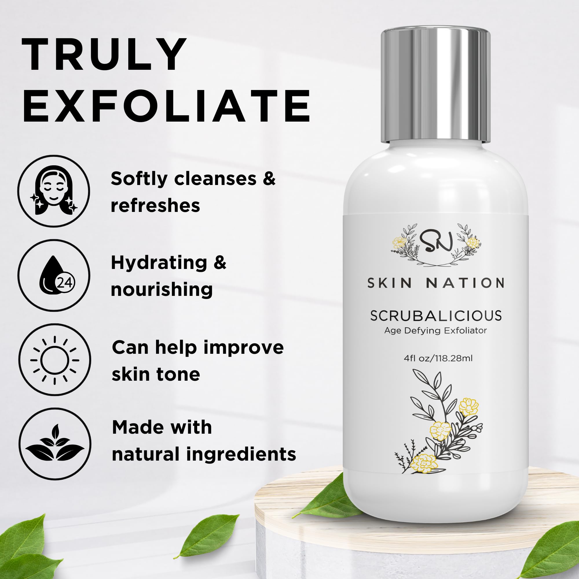 Skin Nation Scrubalicious exfoliator jar open with creamy texture for gentle exfoliation