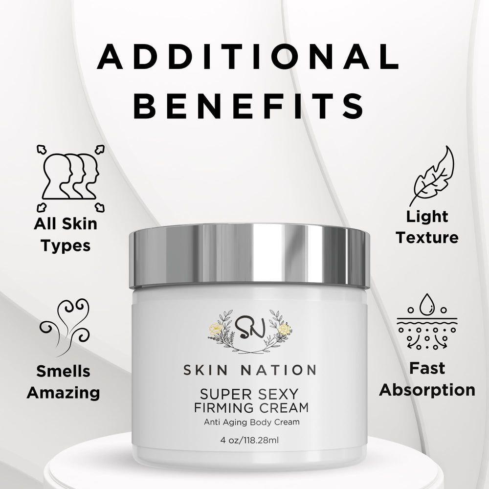 Skin Nation Super Firming Cream arm application illustrates daily smoothing hydration.