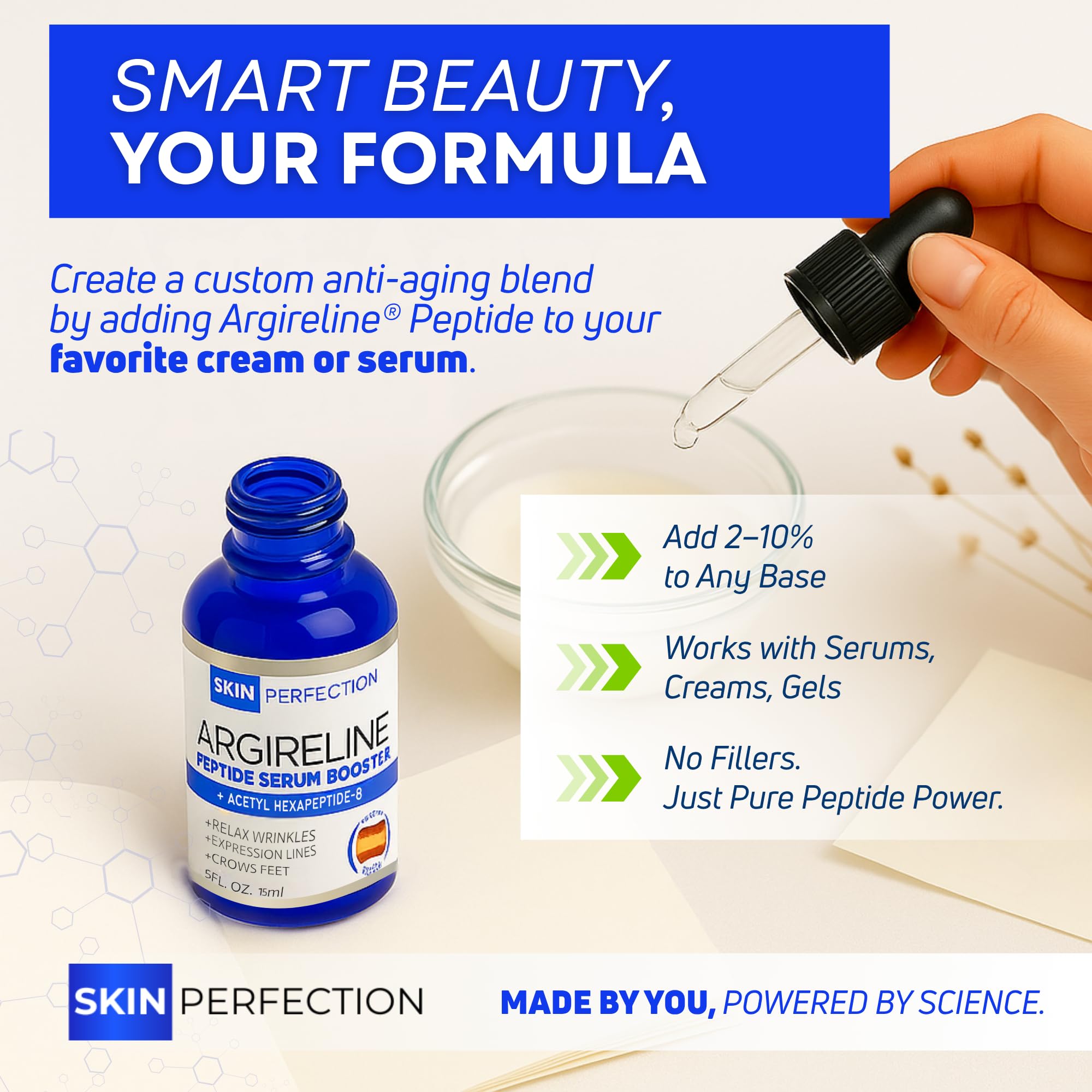 Close-up of Skin Perfection Argireline Serum label and 0.5oz packaging.