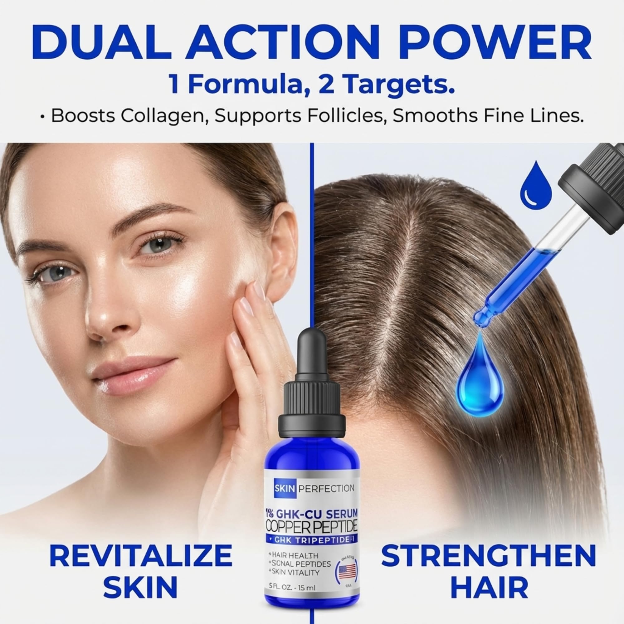 Cobalt blue glass bottle of Skin Perfection Copper Peptide Serum