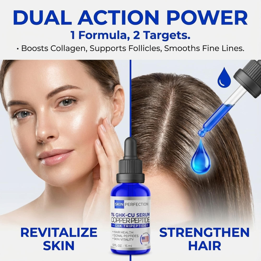 Cobalt blue glass bottle of Skin Perfection Copper Peptide Serum
