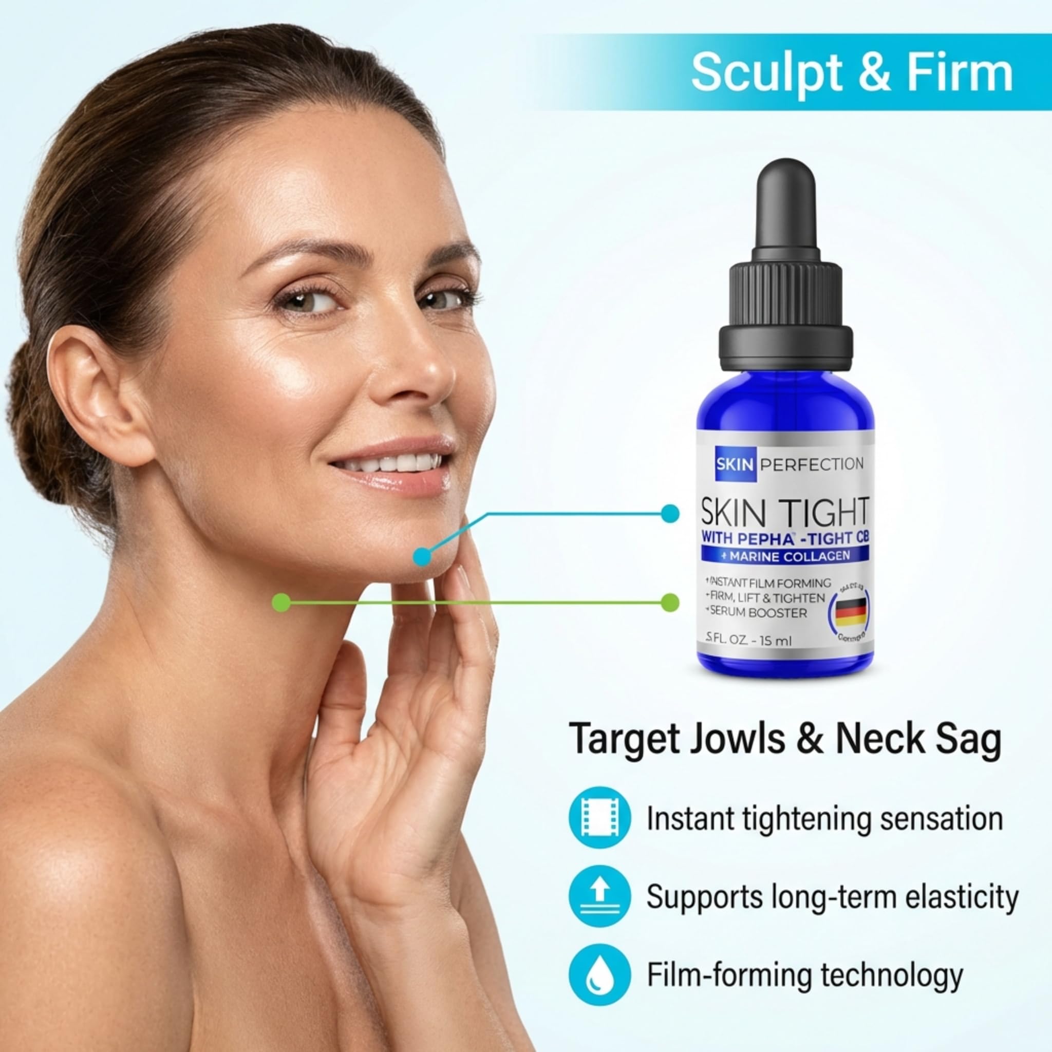Closeup of Skin Perfection Pepha Tight label signaling a cosmetic-active for DIY firming.