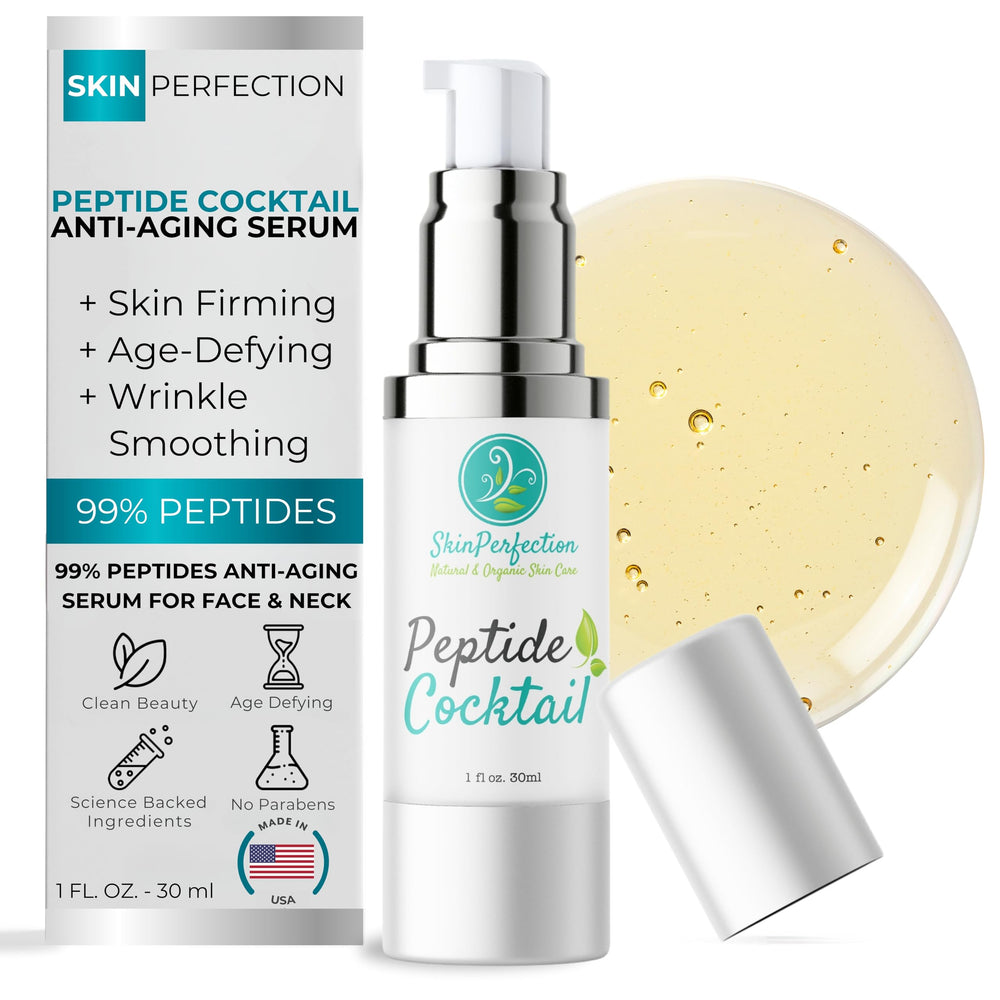 Skin Perfection serum bottle closeup highlighting a peptide-rich formula for anti-aging.