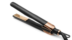 SRILabs StyleQ flat iron showing GraphFlow technology for fast, even heat styling.