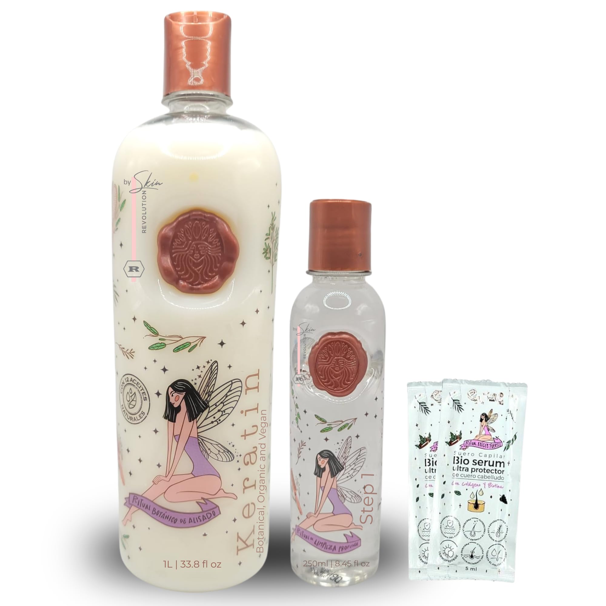 Skin Revolution Ritual Botánico Organic Keratin bottle shows vegan formula for straight, frizz-free hair.
