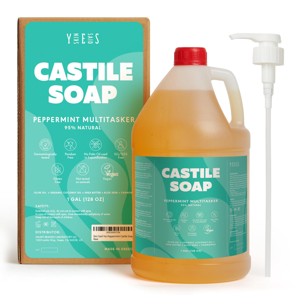 Skin Said Yes peppermint castile soap bottle with pump for easy dispensing.