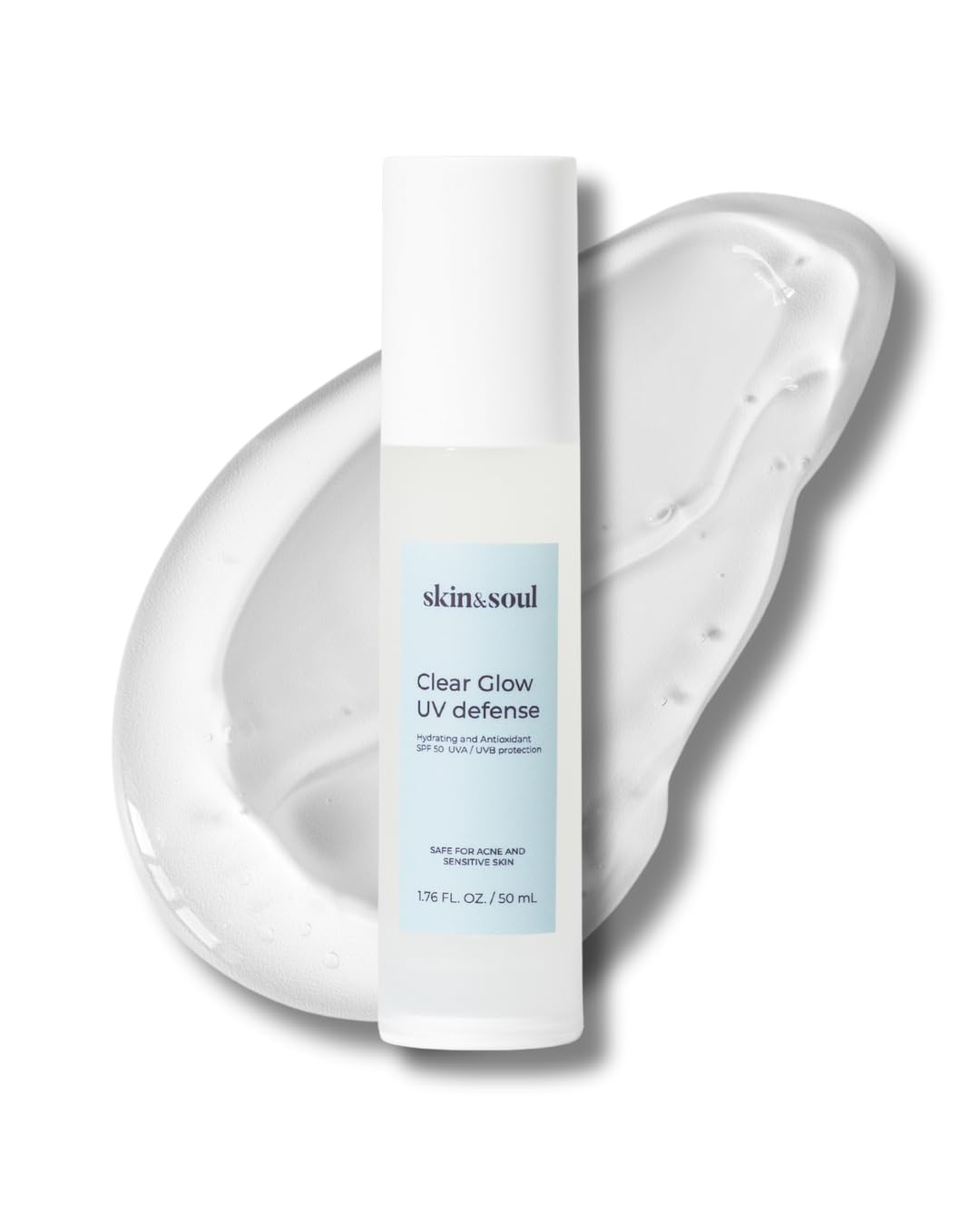 Skin & Soul Clear Glow SPF 50 bottle with pump for easy daily application