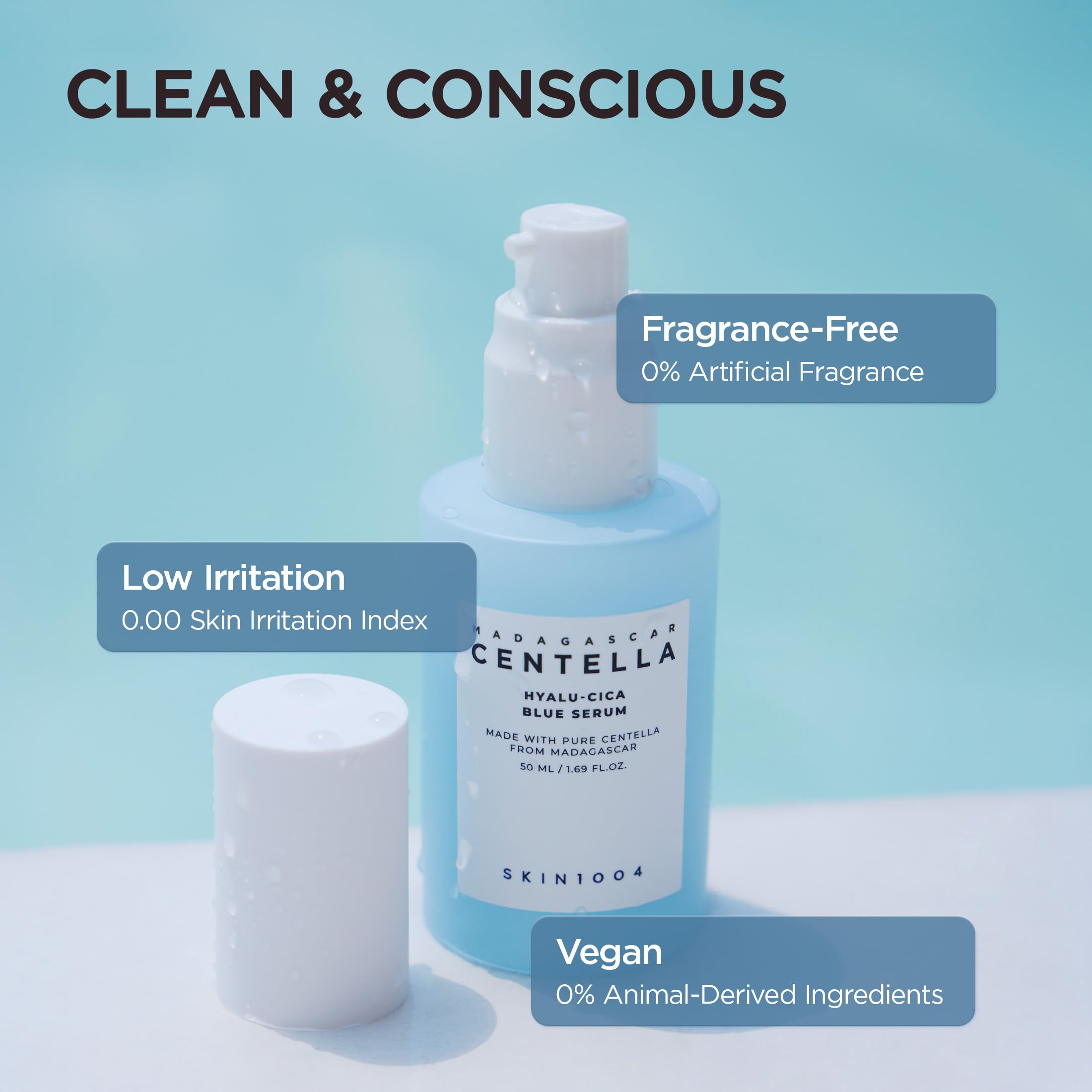 Natural wood background with Skin1004 Hyalu-Cica Blue Serum bottle