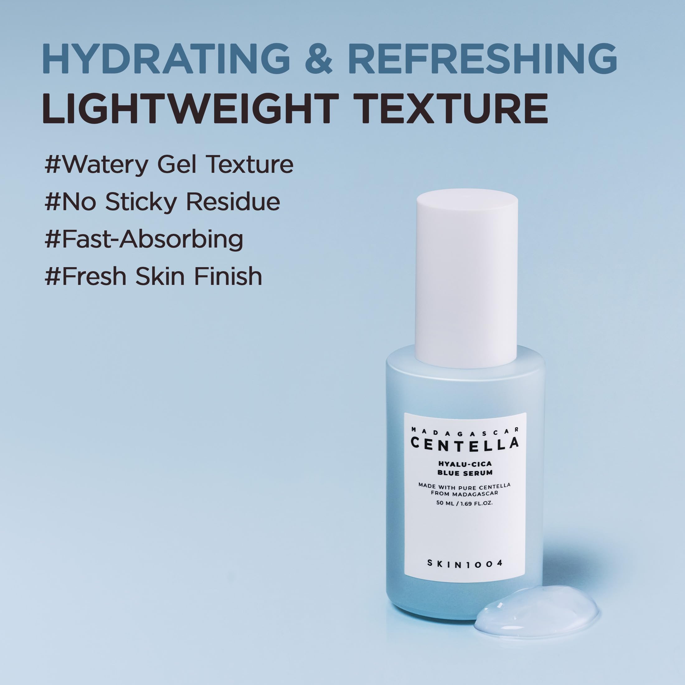 Skin1004 Hyalu-Cica Blue Serum swirled on skin for balanced moisture