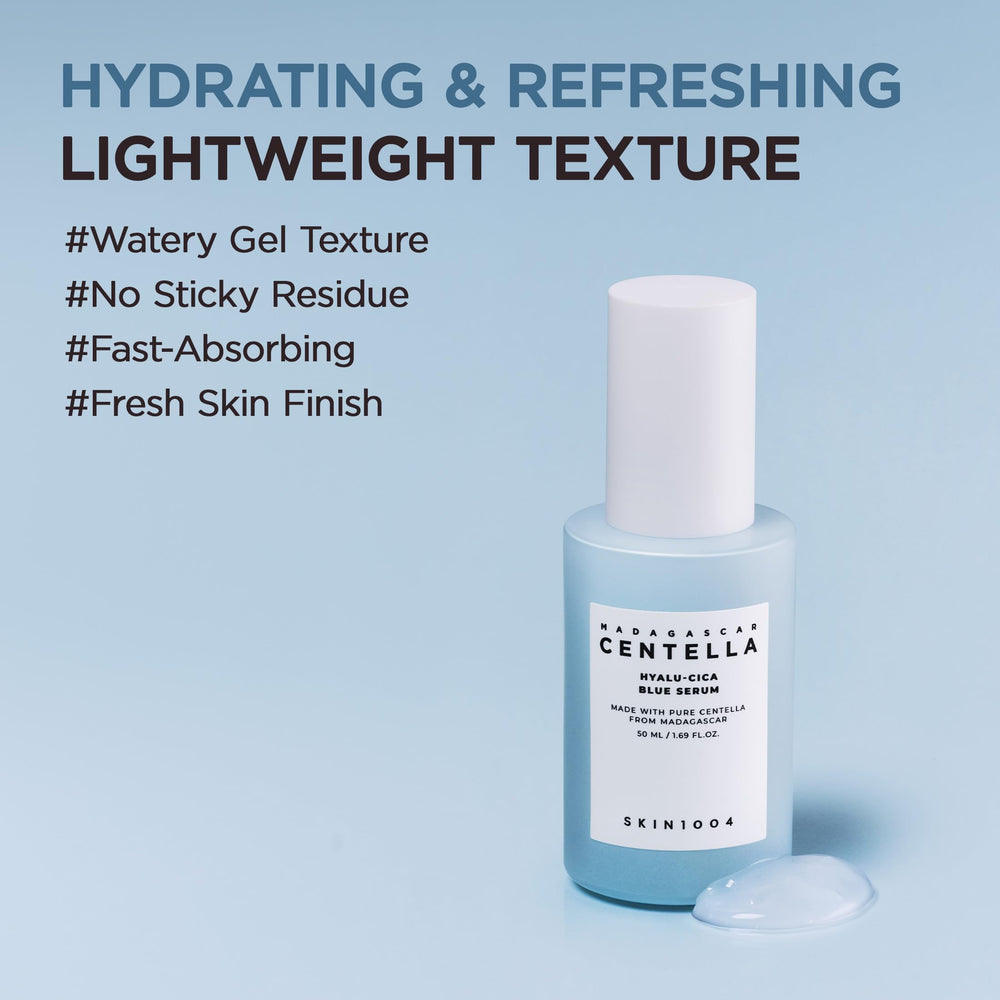 Skin1004 Hyalu-Cica Blue Serum swirled on skin for balanced moisture