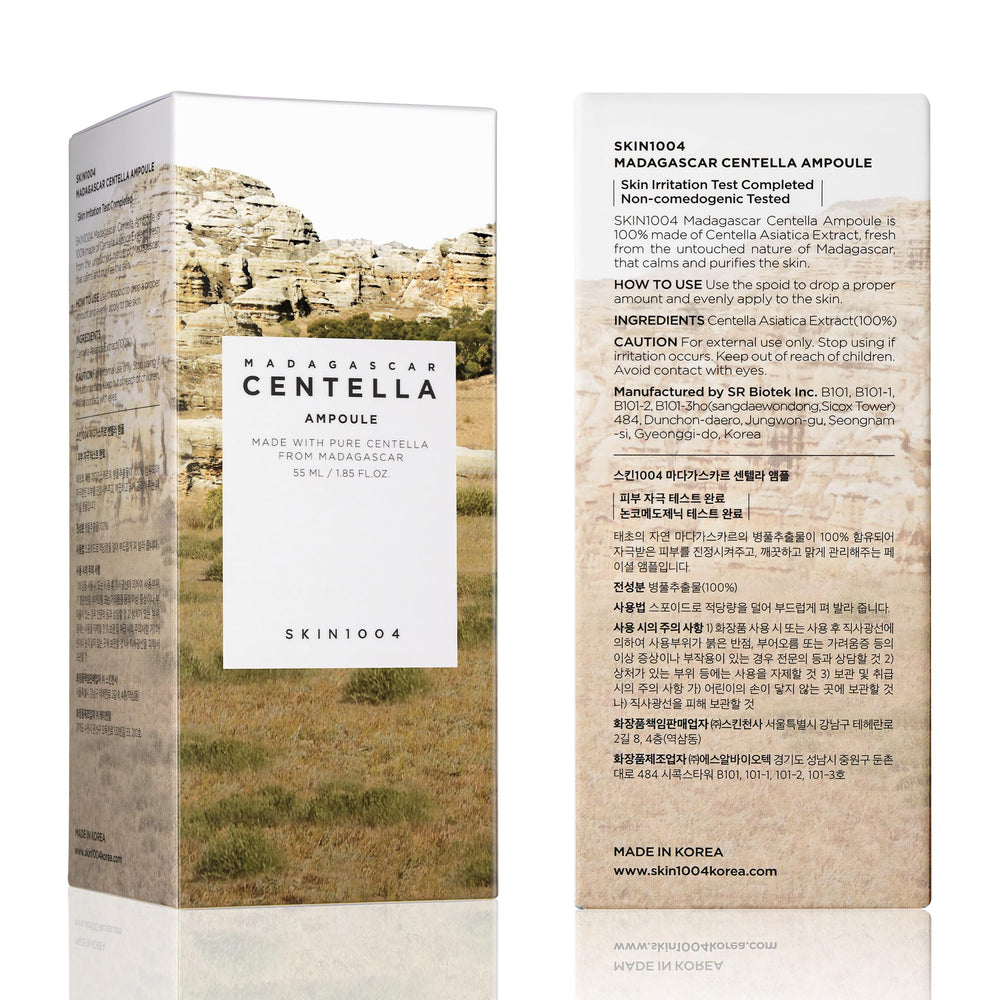 Ingredients label highlights Centella extract and humectants in SKIN1004 ampoule.