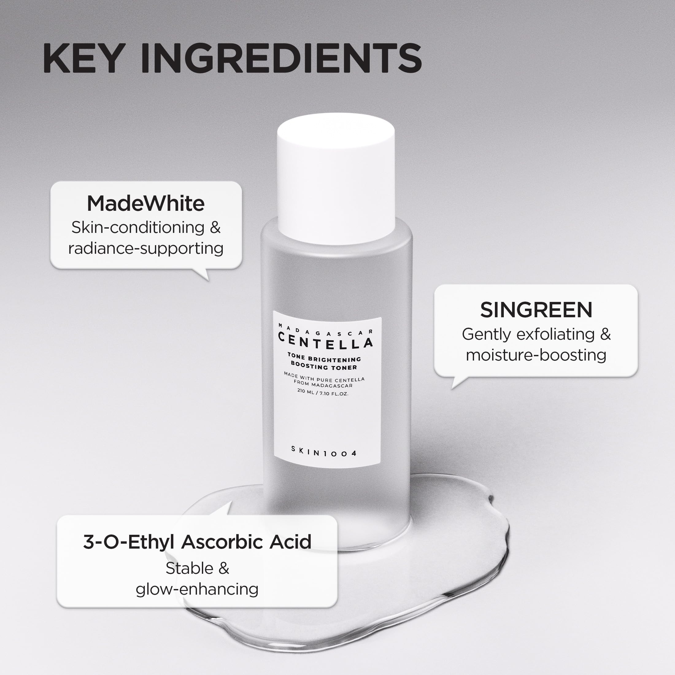 SKIN1004 Tone Glowing Boosting Toner packaging on dresser conveys clean, premium daily skincare