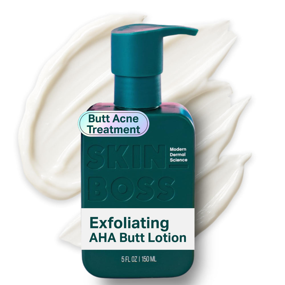 SKINBOSS Butt Acne Clearing Treatment bottle showing fast-absorbing formula