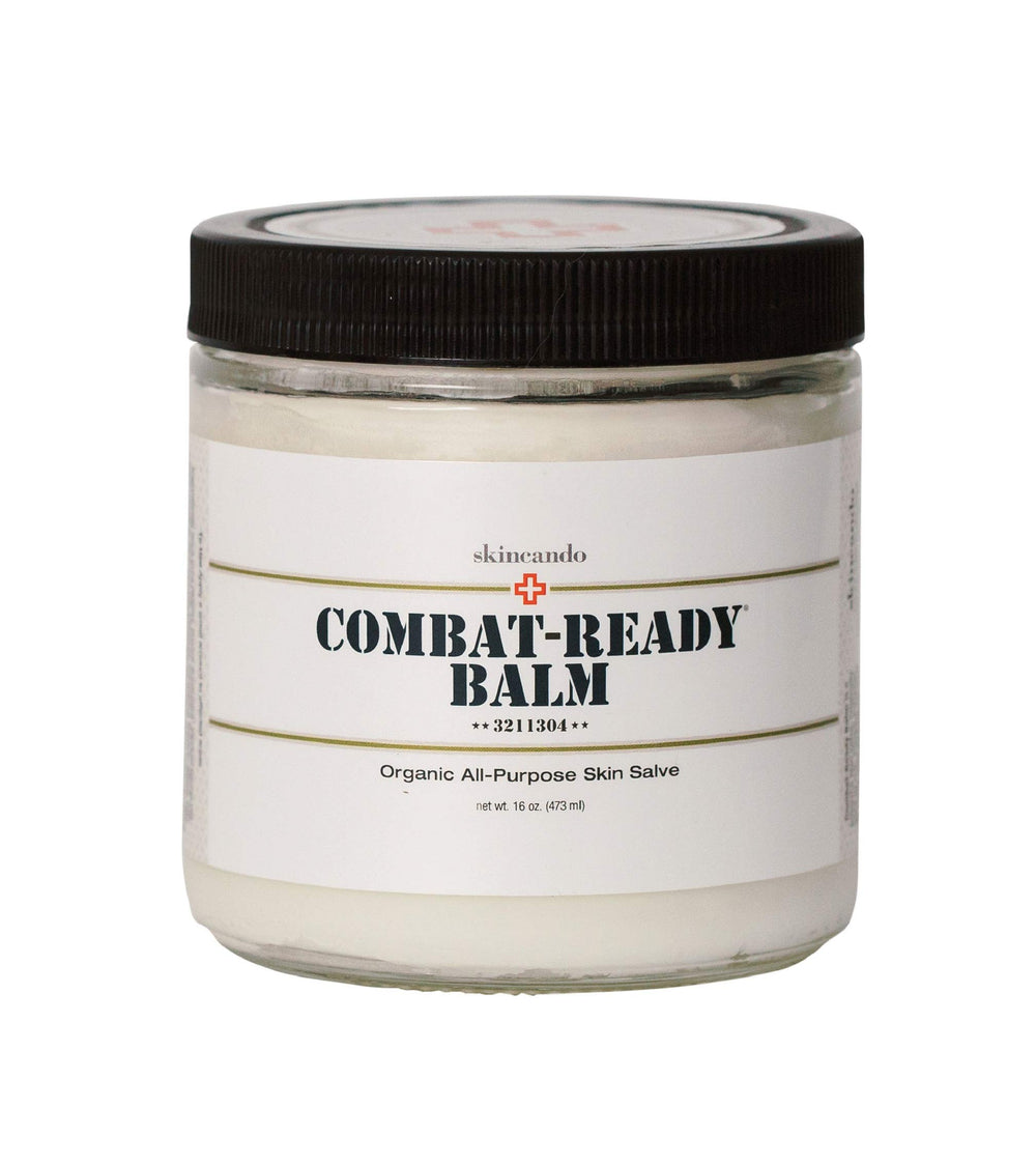 Skincando Combat Ready Skin Balm 8oz bottle delivering deep hydration for dry skin.